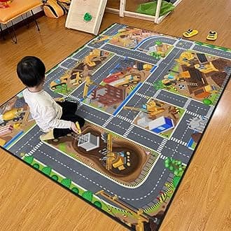 Kids Rug, Construction Site Playmat Rugs - 5x7 Ft Kids Carpet with Rubber Backing, Construction Vehicles Play Mat Nursery Rugs for Children Bedroom Playroom
