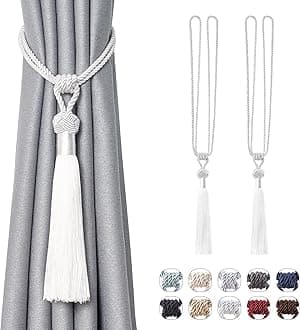 Pretty Jolly 2 Pack Long Tassel Curtain Tiebacks Handmade Braided Rope Knot Drape Tie Backs European Style Decorative Curtain Holdbacks for Home & Office Window Drapery (Silver White)