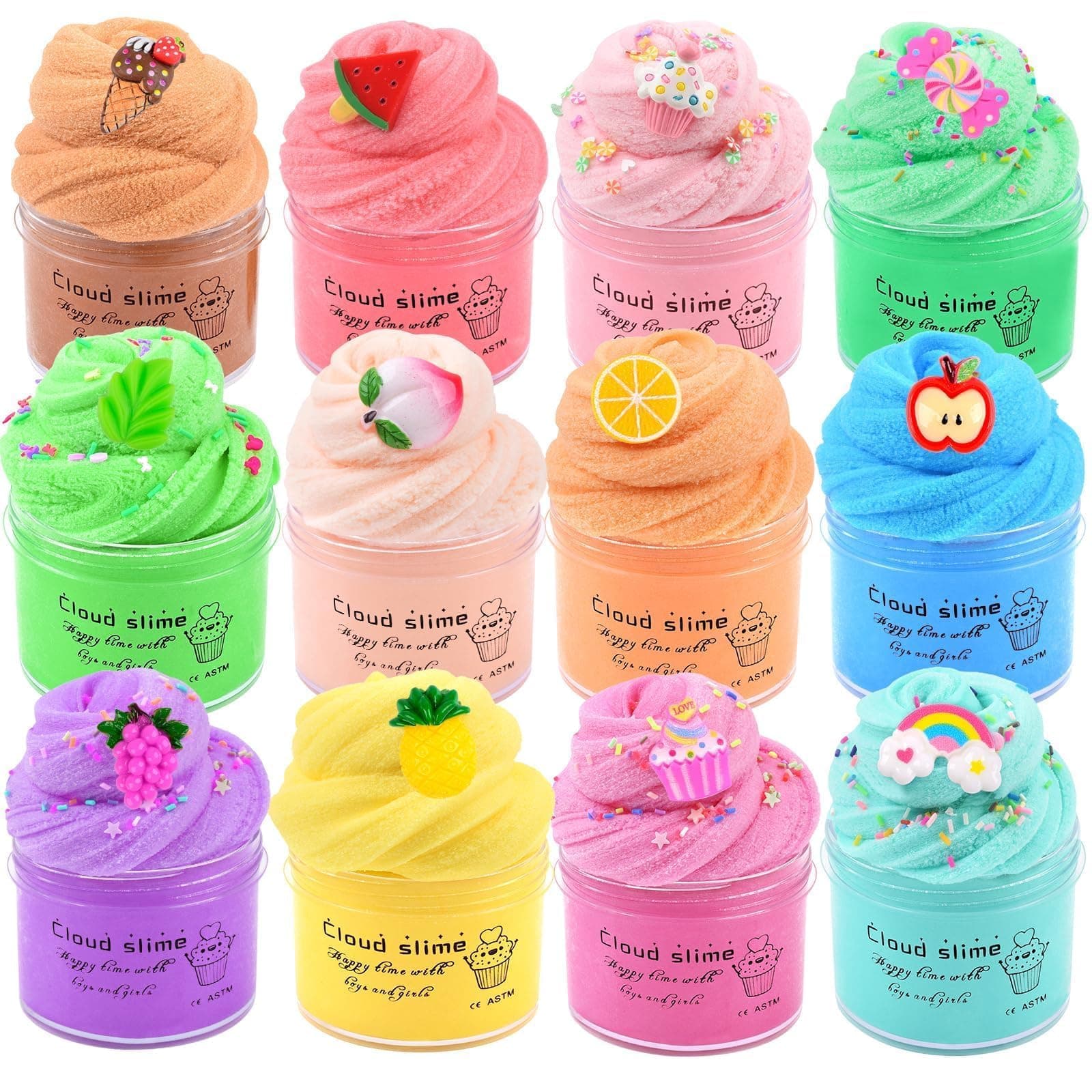 12 Pack Fluffy Cloud Making Cheap Slime Kit for Kids, With Peach Rainbow Cake Watermelon Grapes Slime Charms, Easte Butter Bulk Slime Games for Girls and Boys, Bag Fillers Toy Education, Party Favor