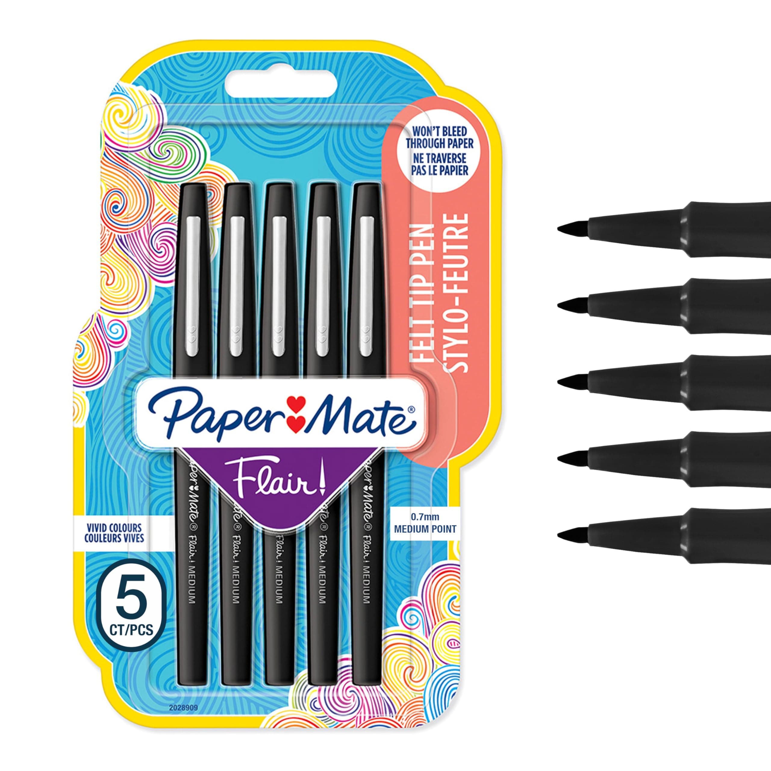 Flair Felt Tip Pens | Medium Point (0.7 mm) Writing Pens | Black Pens | For Writing, Drawing & Sketching | 5 Count