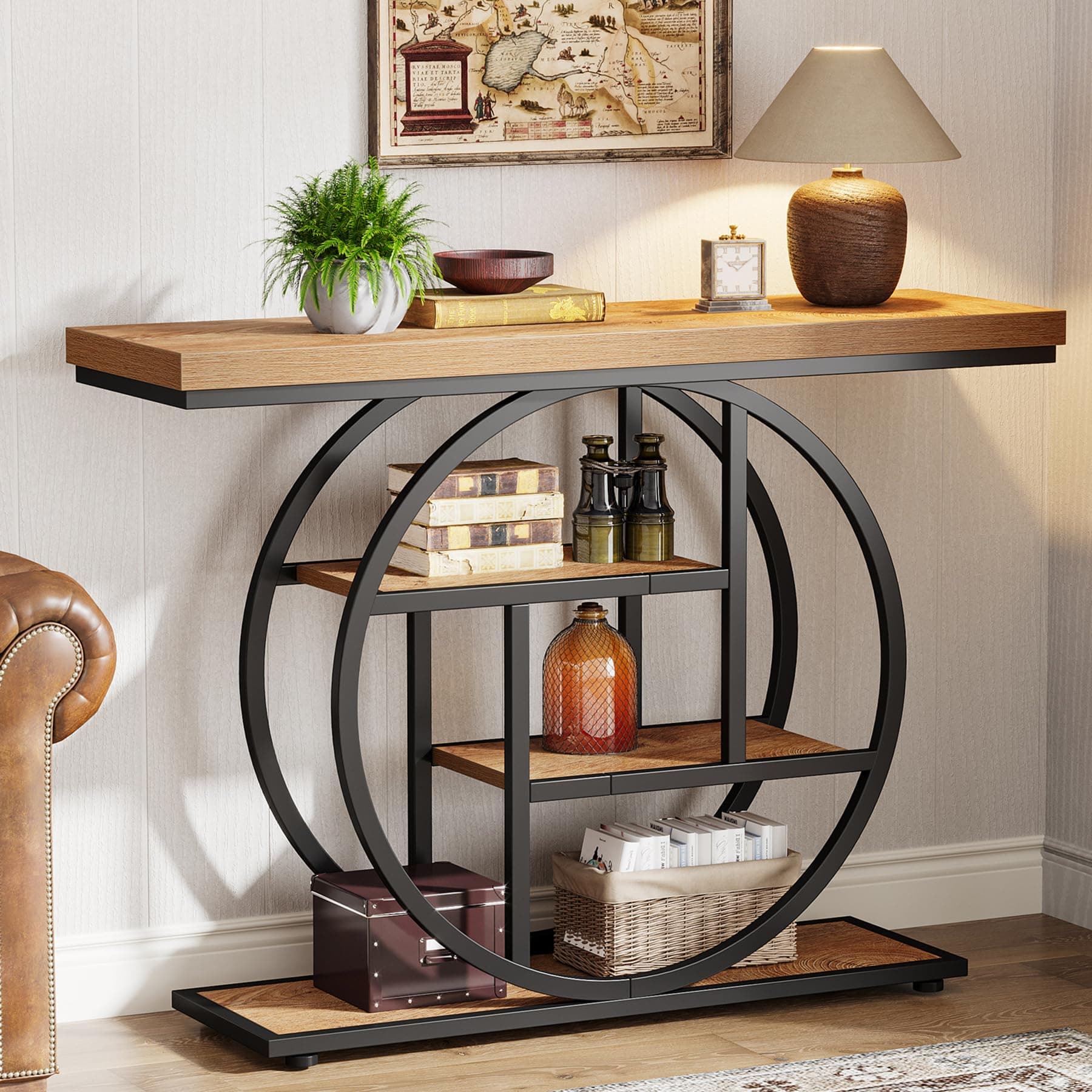 Tribesigns 41.3" Industrial 4-Tier Console Table with Circle Base, Narrow Wood Accent Shelves for Living Room, Hallway, Entryway, Foyer - Light Brown