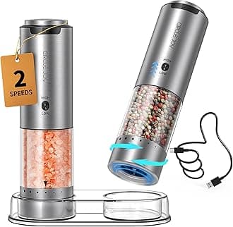 Electric Salt and Pepper Grinder Set Stainless Steel Rechargeable Salt and Pepper Grinder Set, Variable Grinding Speed, External Adjustable Coarseness, Storage Base, White LED Light, Silver