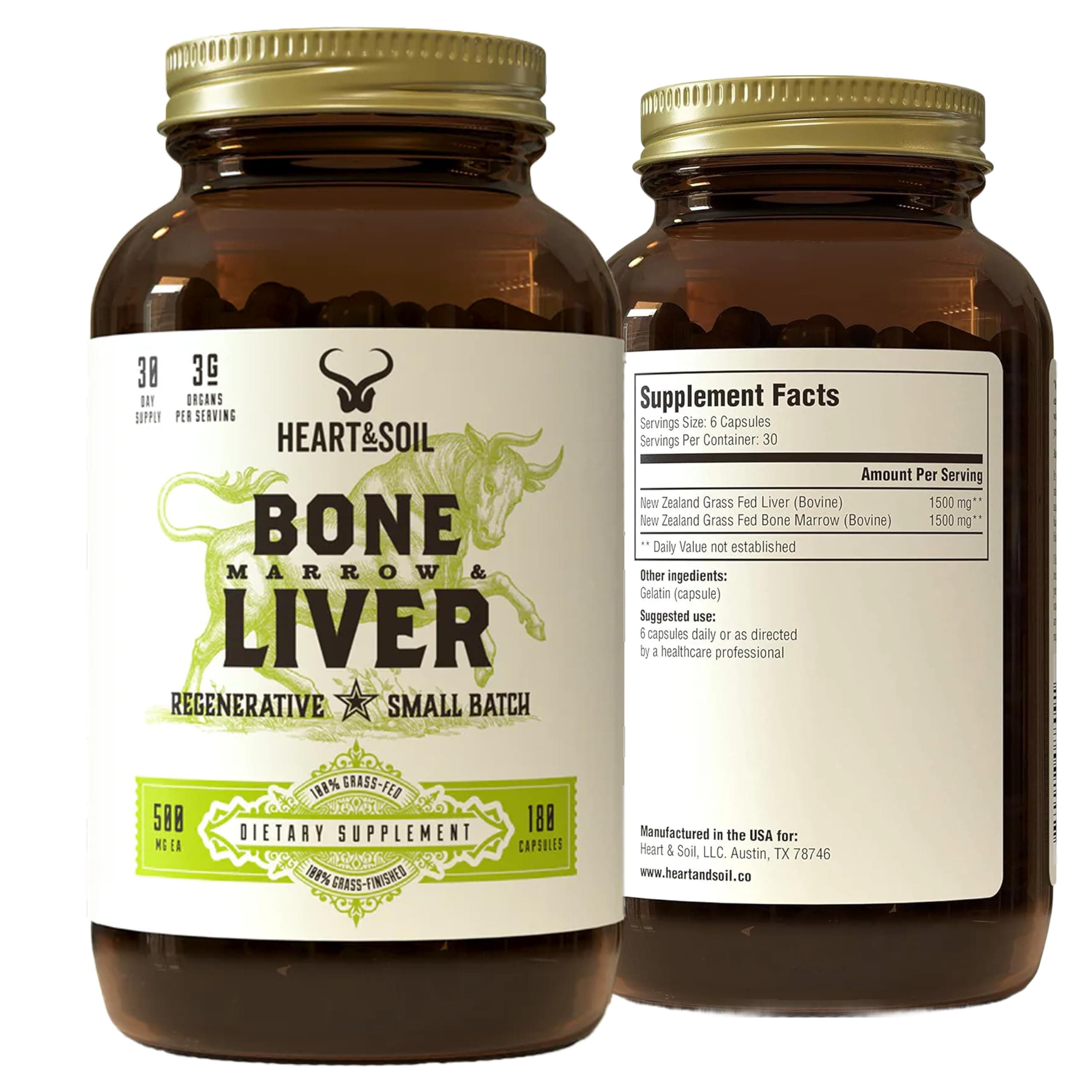 100% Grass Fed & Finished Bone Marrow & Beef Liver from Regenerative Cattle – Supports Bones, joints, Tissue & Skin – 3000mg Libido Booster For Women & Men – Glass Bottle – 180 Capsules