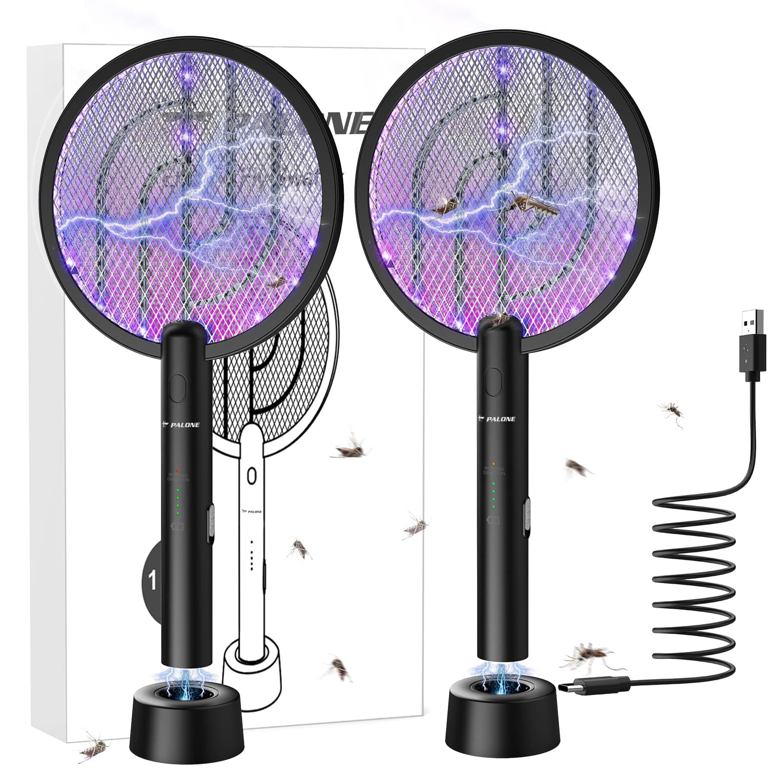 Electric Fly Swatter PALONE, 4000V Dual Modes Bug Zapper Racket, Mosquito Killer with Type-C Charging Dock, Insect Zapper with 3-Layer Safety Mesh Electric Fly Swatter for Indoor/Outdoor, Black 2 Pcs