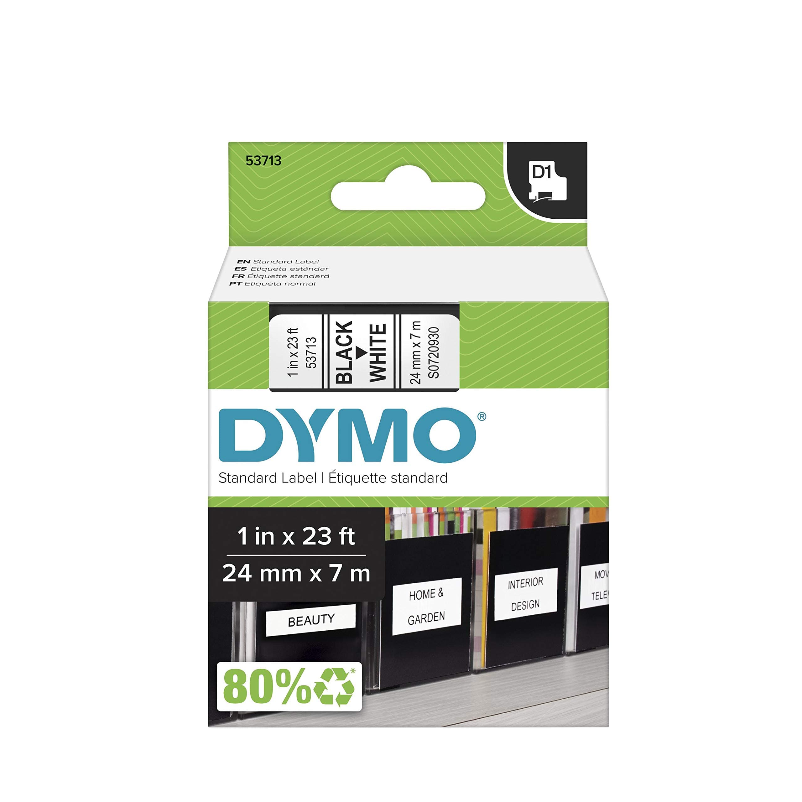 Authentic Standard D1 53713 Labeling Tape (Black Print on White Tape, 1'' W x 23' L, 1 Cartridge), Package May Vary