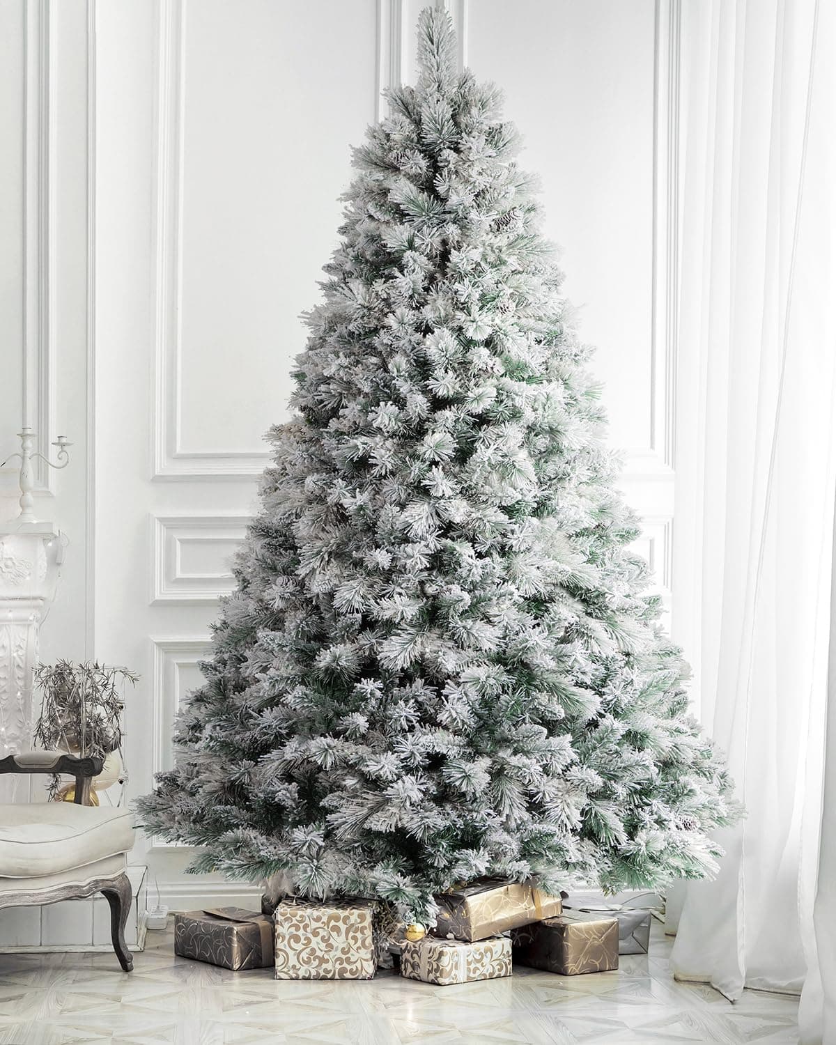 1.45FT Unlit Snow Flocked Artificial Holiday Christmas Tree No Lights, Full Hinged Spruce Branch Tips for Home, Office, Party Decoration No Prelit Foldable Base