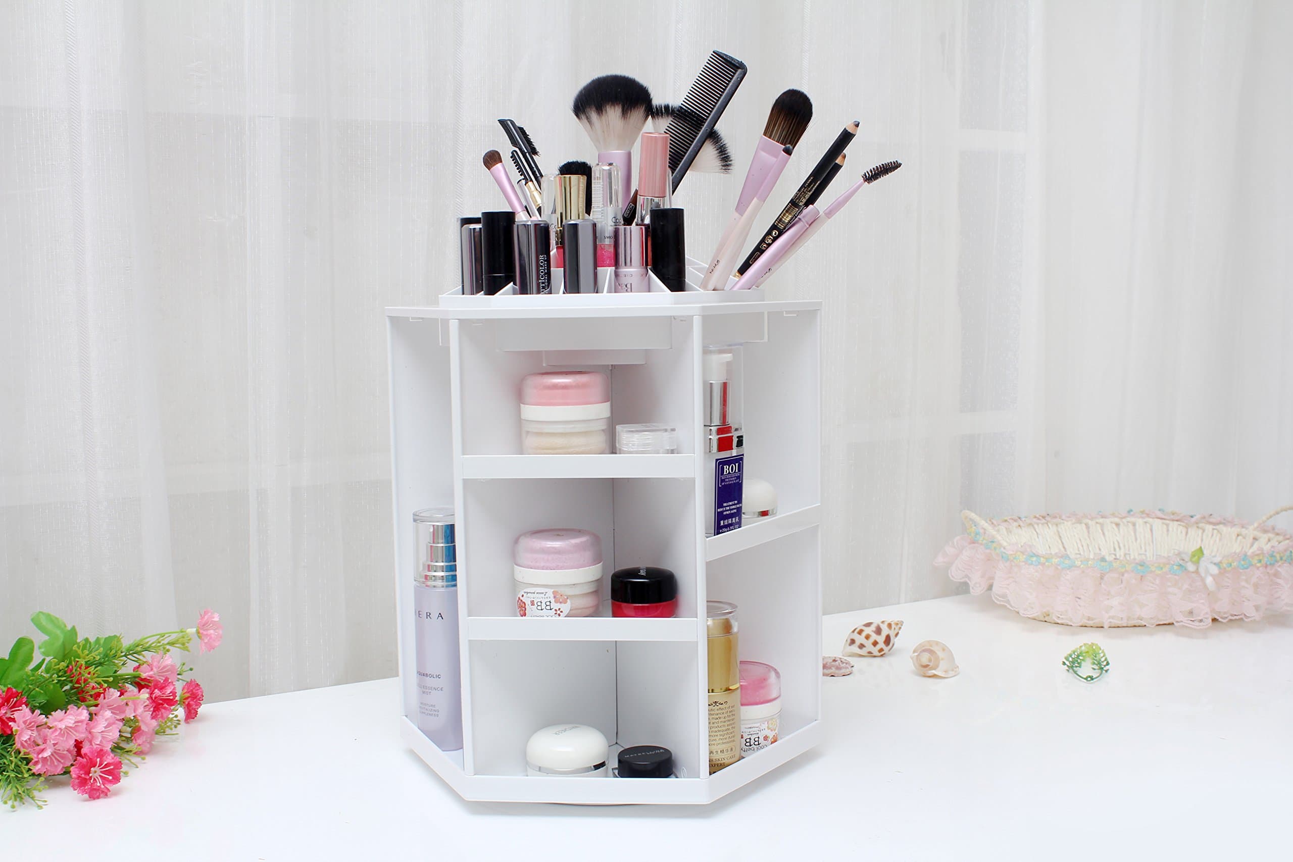 Bestrice 360 Degrees Rotating Cosmetics Storage Box DIY Multi Function Large Capacity Revolving Makeup Organizer Display Box (White)
