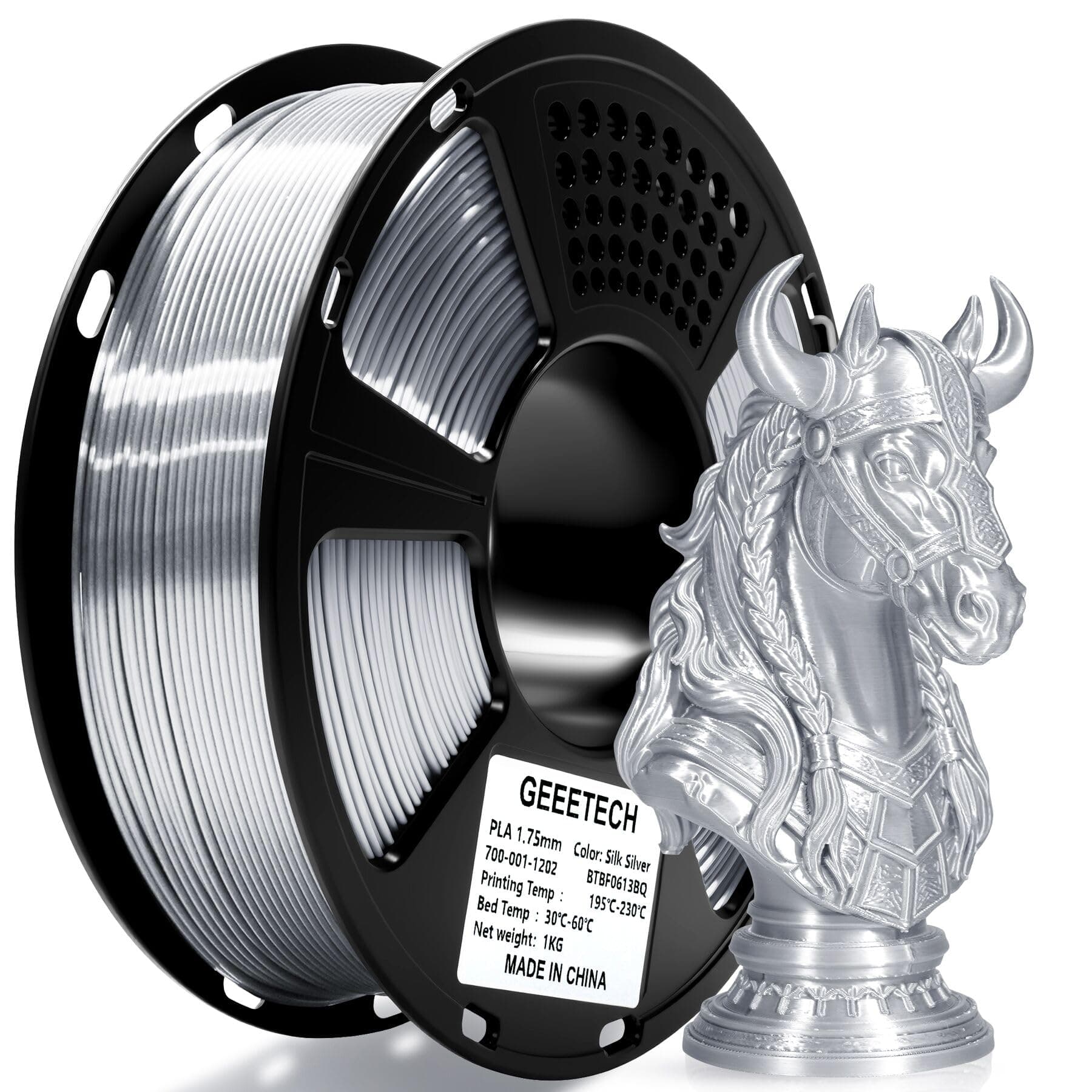 Geeetech Silk PLA Filament 1.75mm for 3D Printer, Metal-Like Shiny 3D Filament 1kg (2.2lbs) 1 Spool, Dimensional Accuracy +/- 0.02 mm, Metallic Silver Silk Filament