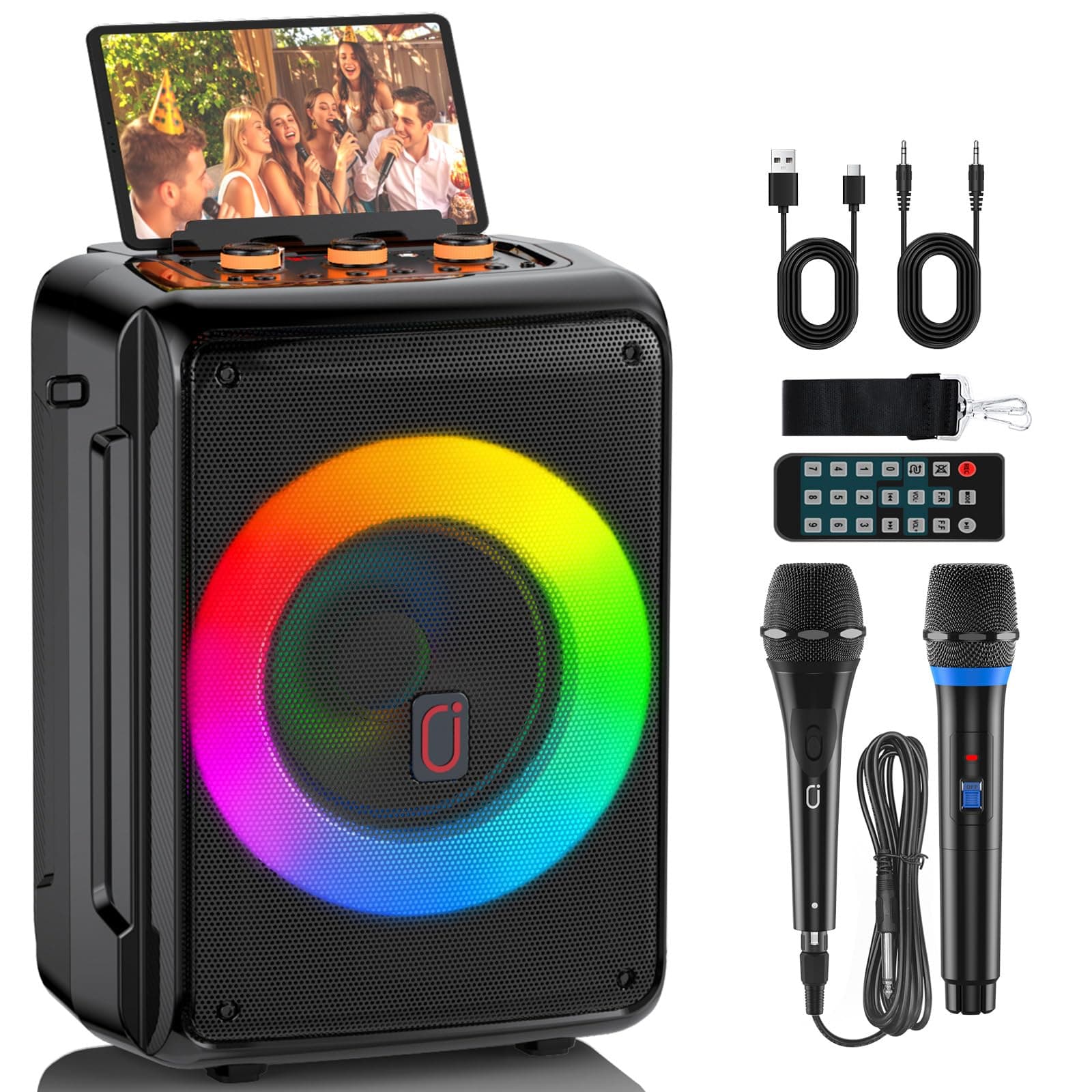 Wireless Portable Speaker with 2 Mics, Home Party Bluetooth Speaker with HD Sound, Echo Adjustment, 12 Hours Playtime, DJ Light for Party/Meeting, Support TF/USB/AUX/REC, Best Gift for Brithday