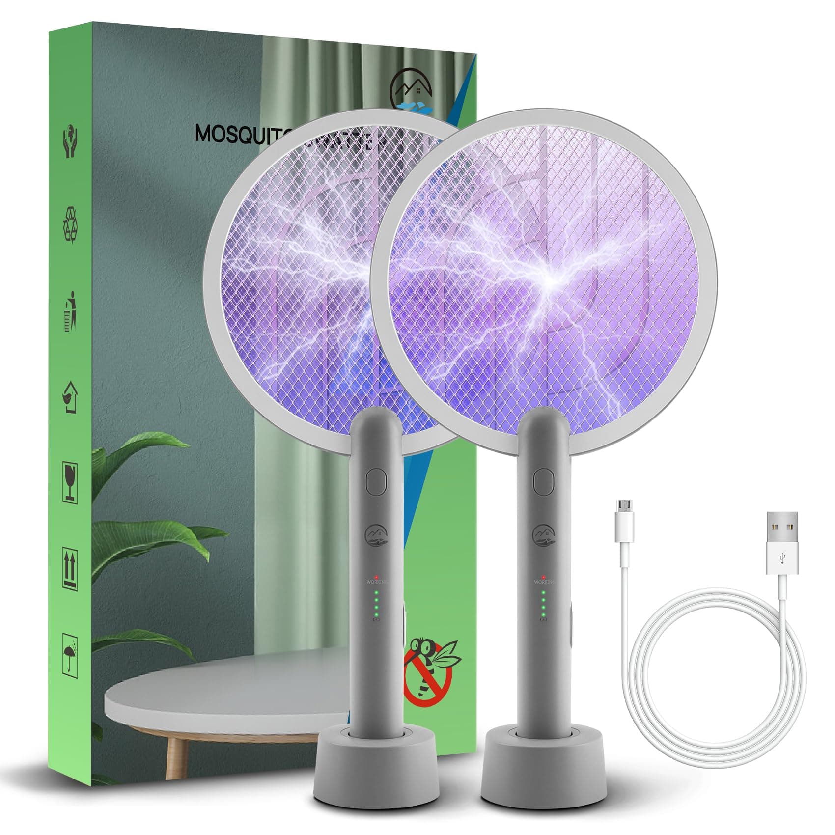 Electric Fly Swatter Racket, Mosiller 2 in 1 Smart Bug Zapper & Power Take Off Generators with USB Rechargeable Base, Powerful Mosquitoes Trap Lamp & Fly Killer for Home, Bedroom