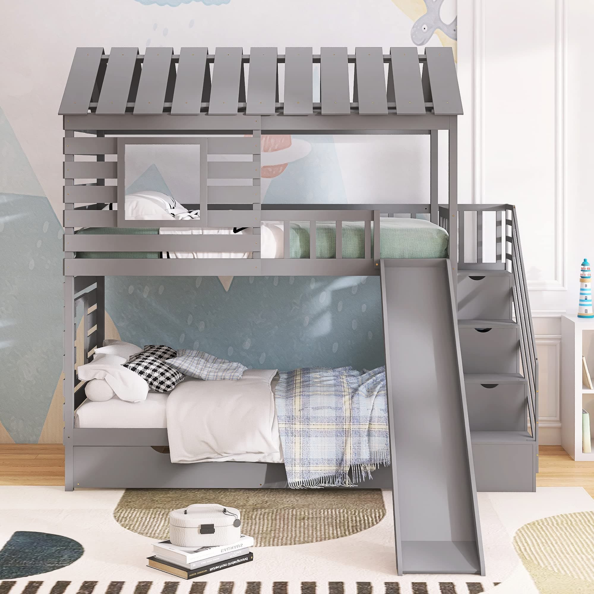 Danxee Stairway House Bed Solid Wood Twin Over Twin Bunk Bed with Trundle and Slide, Storage Staircase, Roof and Window Design for Toddler Kids Teens (Gray)