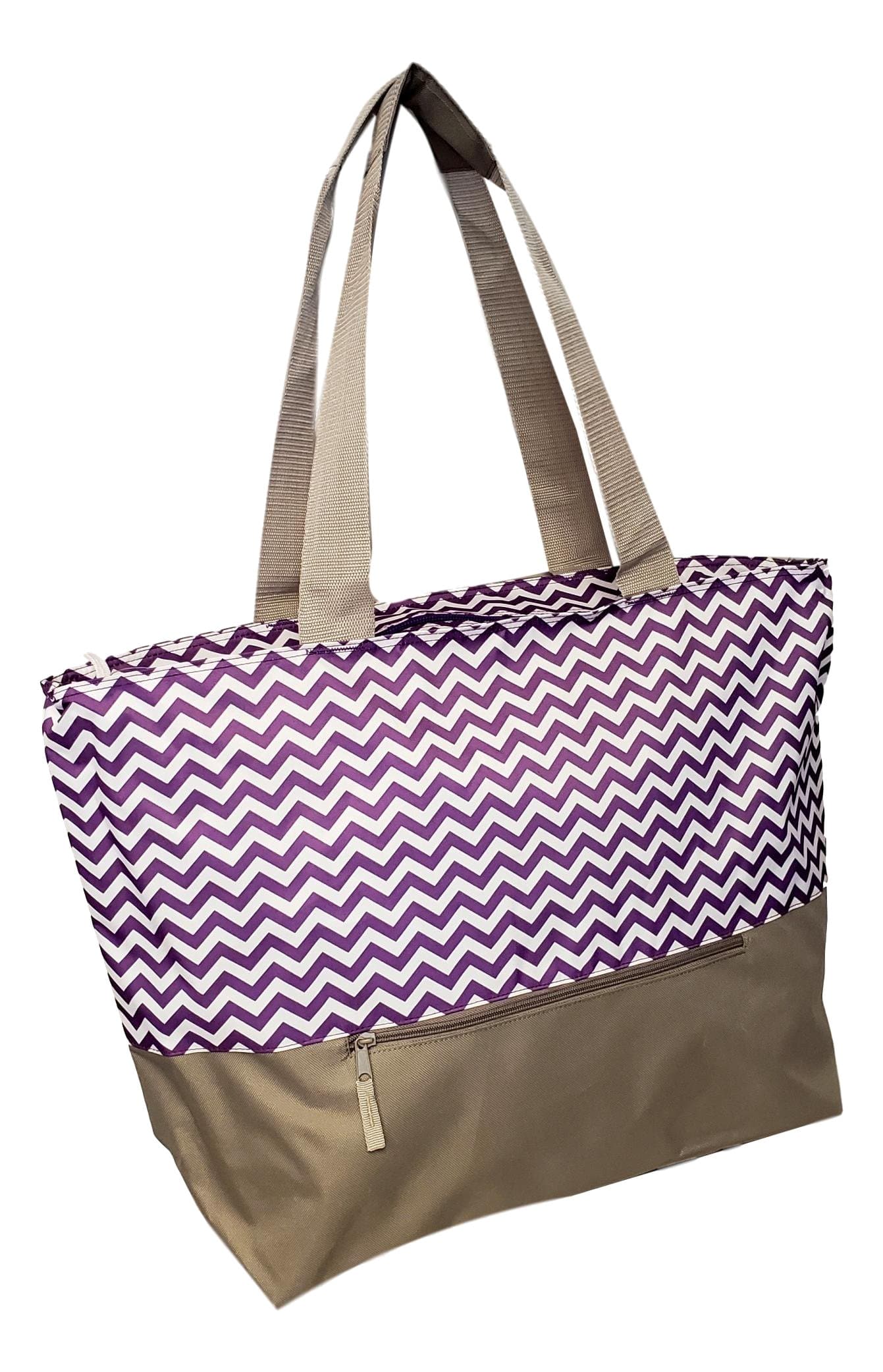 XL Beach Tote Chevron Print Weekender Bag with Mesh Webbed Handles and Outer Zippered PocketCan Be Personalized Purple