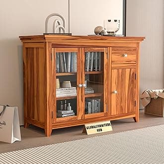 GFH Wood Kitchen Cabinet with Acrylic Glass Door, Storage Cabinet Racks, Home Kitchen Furniture, Crockery Rack, Display Unit, Wooden Chest of Drawers (Natural Finish)