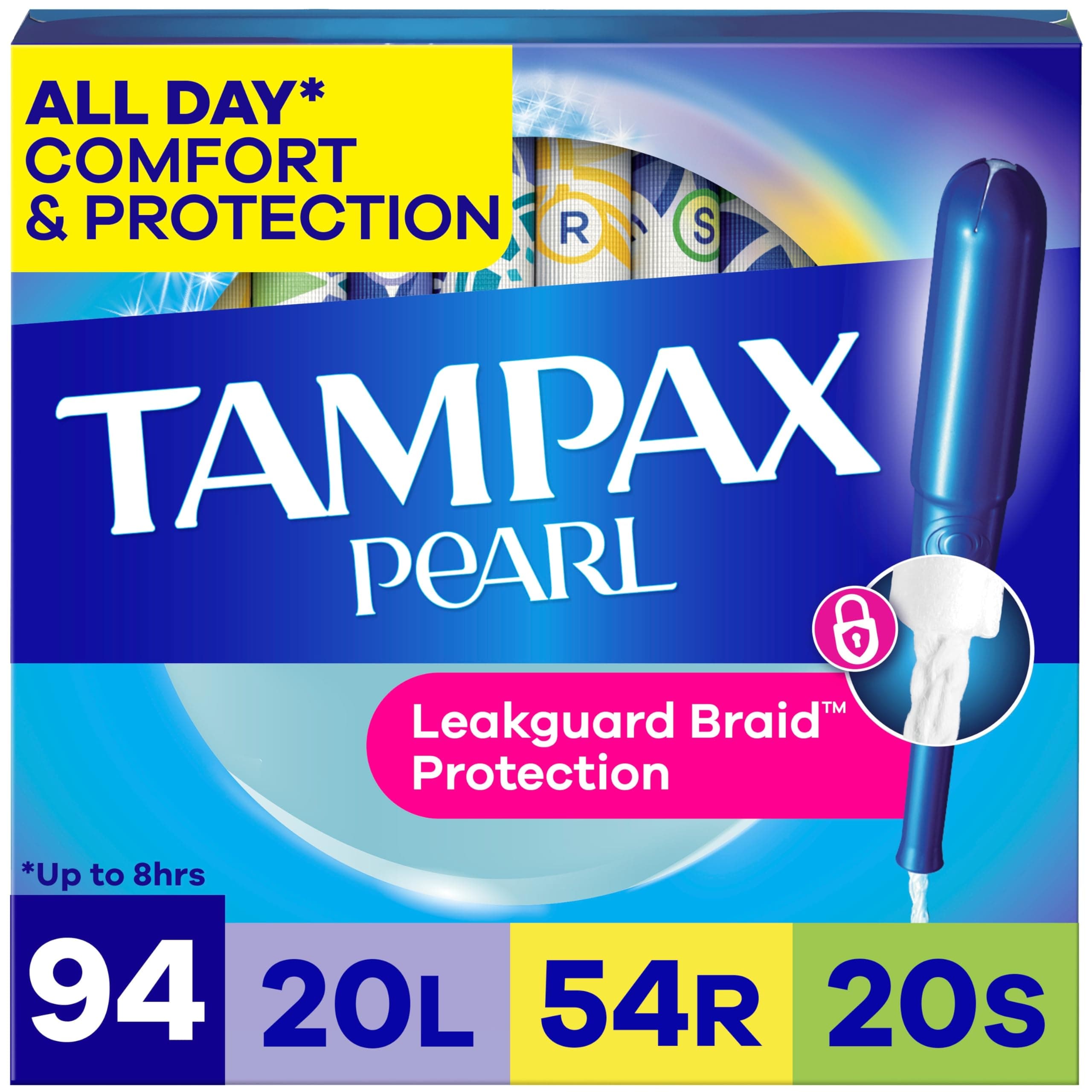 Tampax Pearl Tampons Multipack, Light/Regular/Super Absorbency, with Leakguard Braid, Unscented, 94 Count