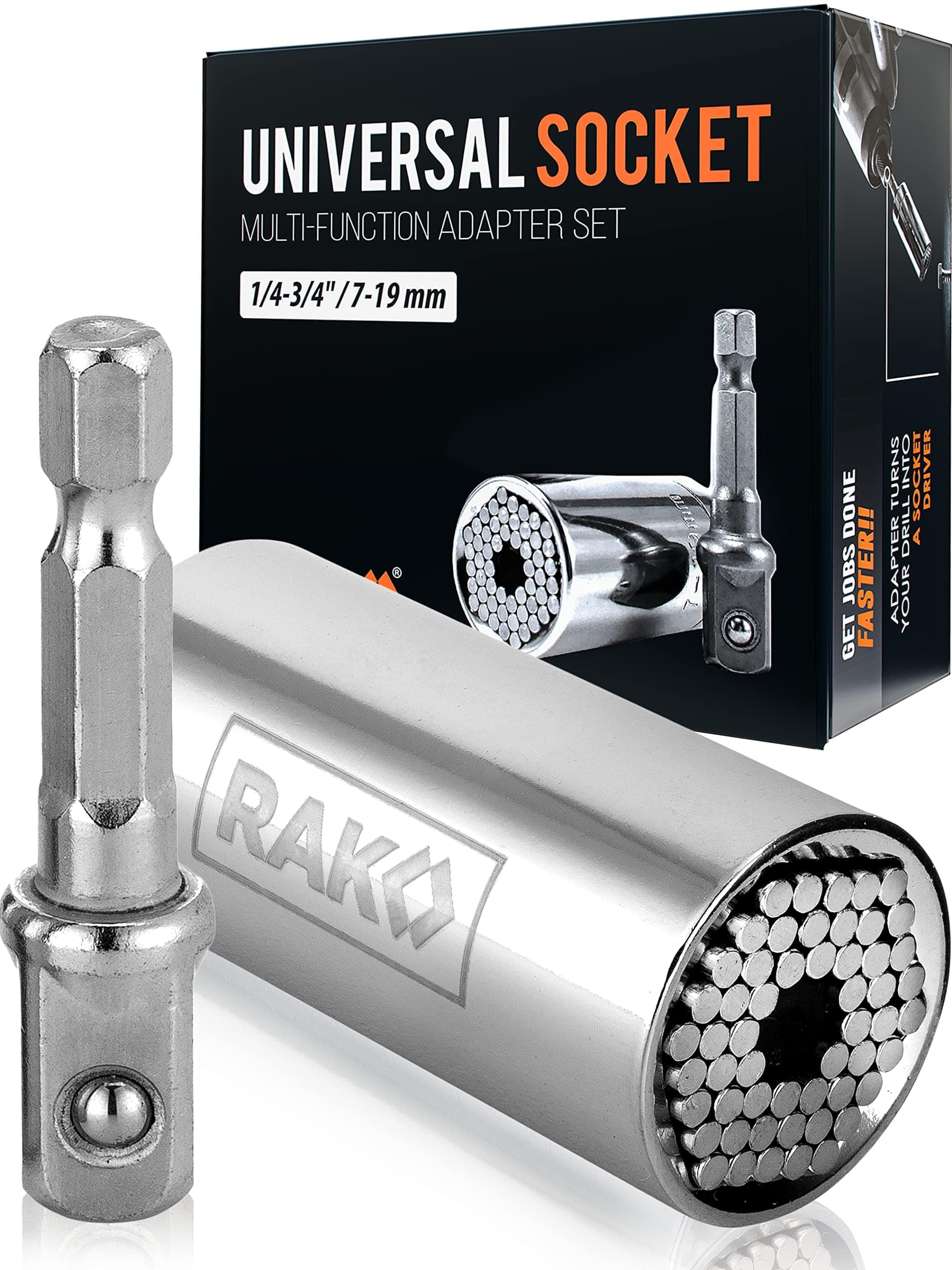 RAK Super Universal Socket Tool, 7-19mm Universal Socket Wrench Set, Gator Grip with Power Drill Adapter Set, Valentine's Day Gift, Ideal Cool Gadgets Stuff for Birthday Gifts for Men Dad Husband