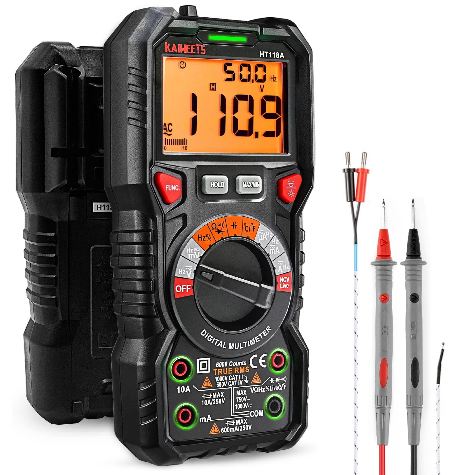 - HT118A Digital Multimeter TRMS 6000 Counts Ohmmeter Auto-Ranging Fast Accurately Measures Voltage Current Amp Resistance Diodes Continuity Duty-Cycle Capacitance Temperature (without battery)