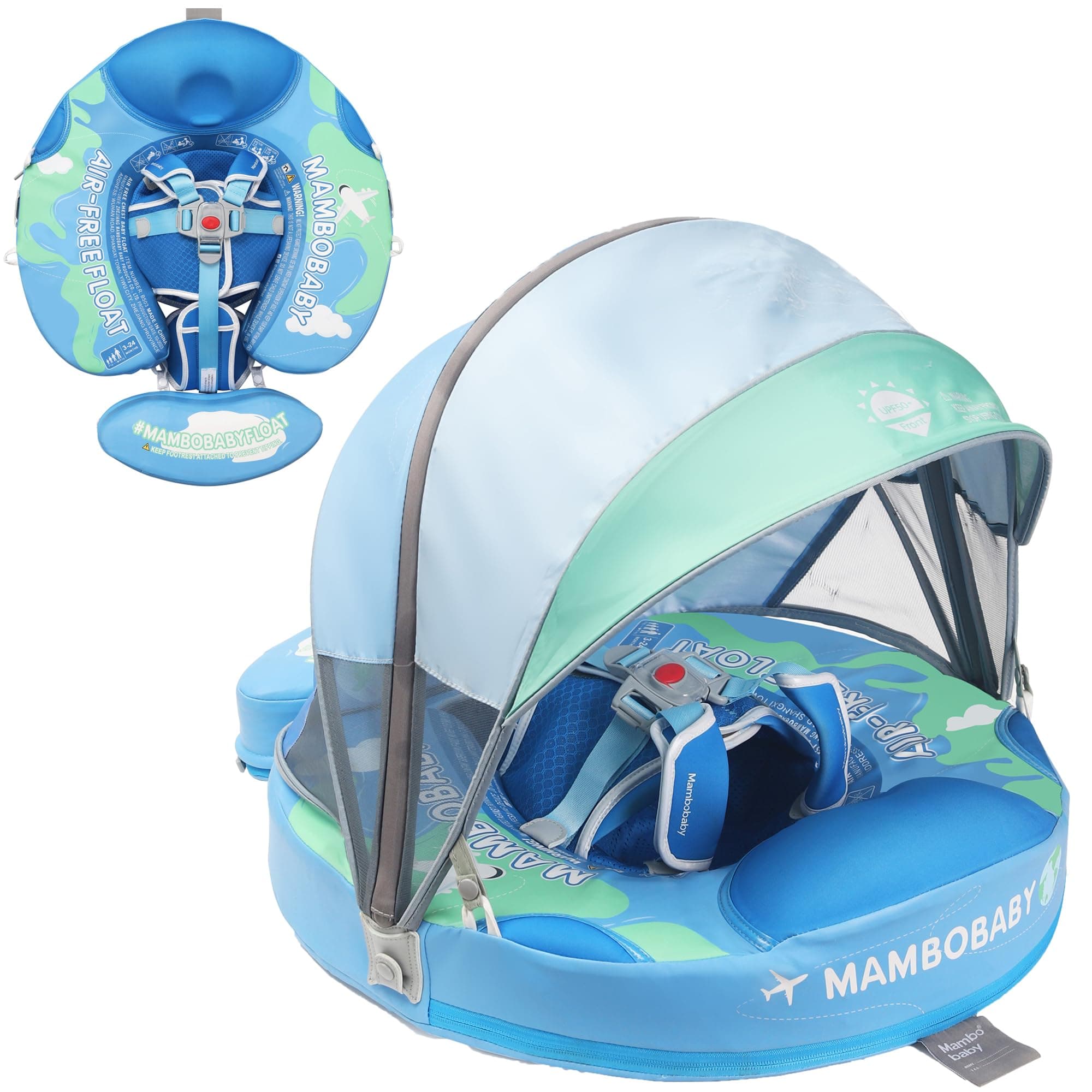- Mambobaby Float with Canopy Non Inflatable Baby Pool Float Upgraded Tail Toddler Baby Float with Removable Sun Canopy Safety Swim Float No Flip Over for Age 3-24 Months, Earth Blue