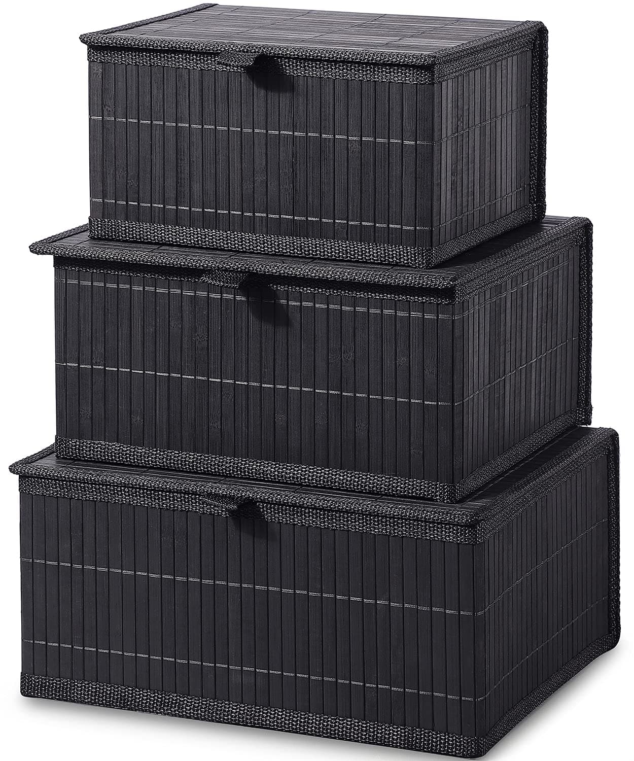 Bamboo Decorative Storage Boxes - Set of 3 Woven Lined Storage Basket with Lids, Black Wicker Lidded Baskets for Home Kitchen Shelf Organizer Decor