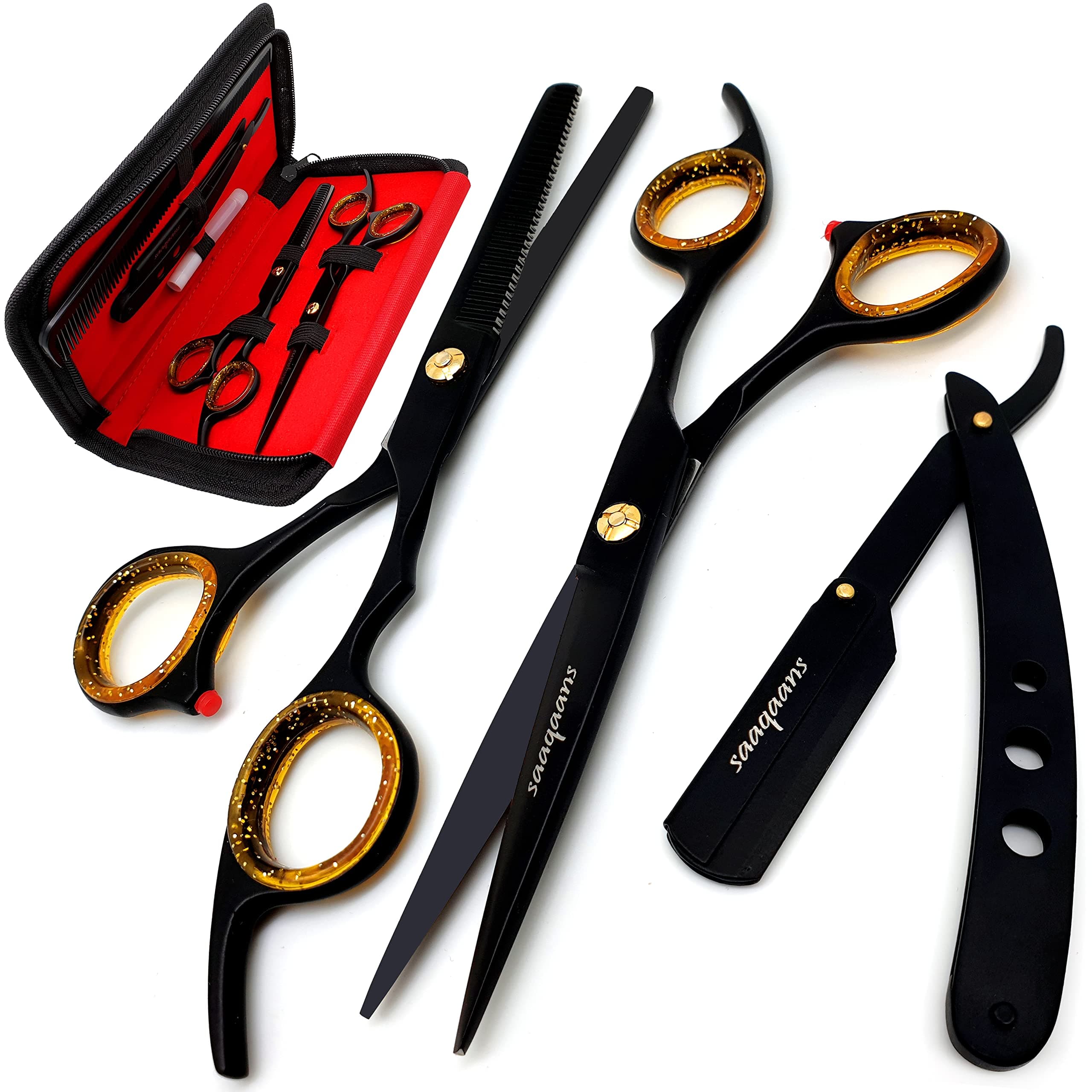Saaqaans UMS-01 Professional Haircut Scissors Set - Package includes 1 x Hairdresser Scissor + 1 x Thinning Shear + 1 x Straight Edge Razor + 1 x Hair Comb with a Beautiful Scissors Case (Black UK)
