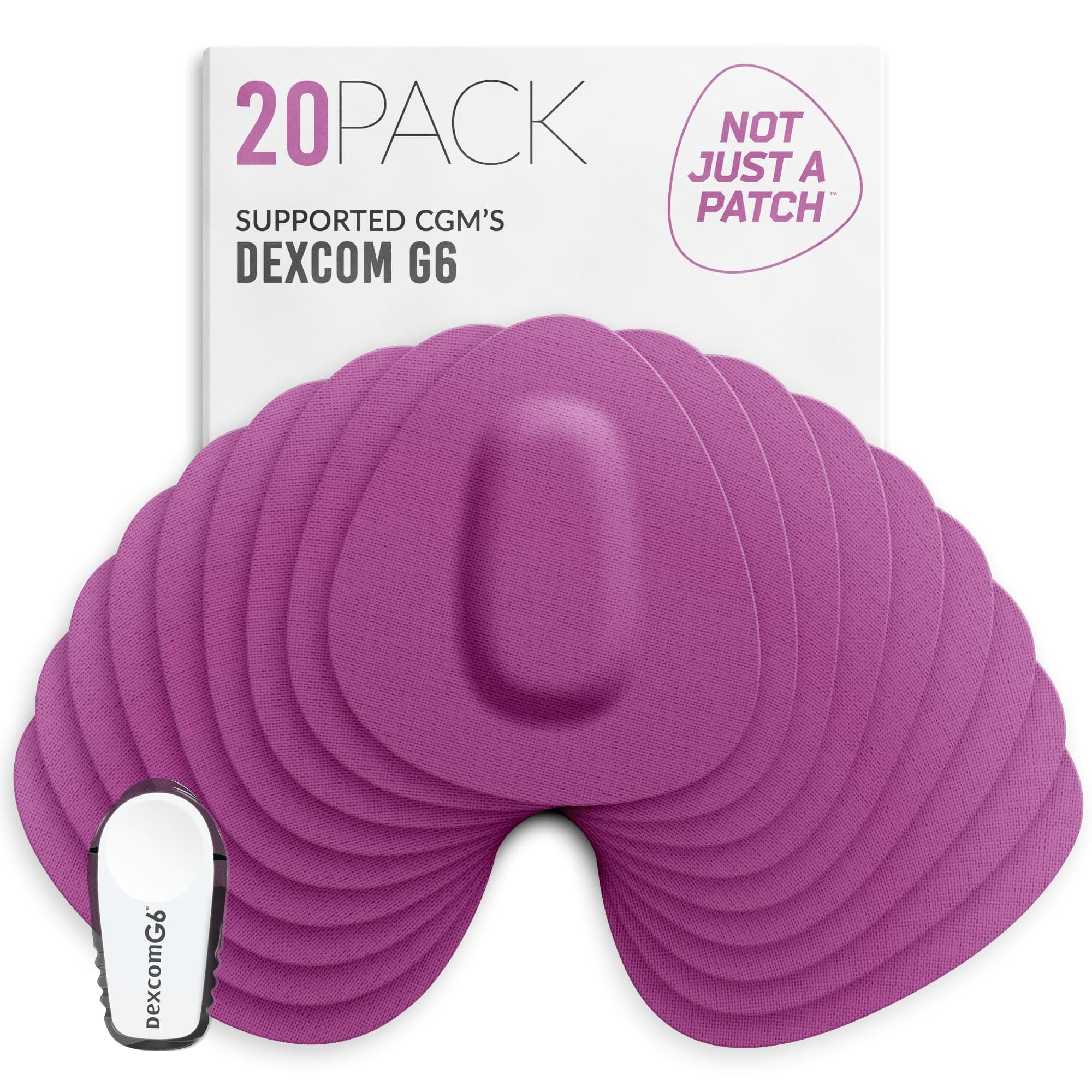 Not Just A Patch CGM Sensor Patches for Dexcom G6 & MiaoMiao (20 Pack) - Water Resistant & Durable for Active Lifestyle for 10-14 Days - Pre-Cut Dexcom G6 Adhesive Patches in Purple