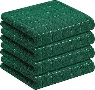 100% Cotton Terry Kitchen Towels(Dark Green, 13 x 28 inches), Checkered Designed, Soft and Super Absorbent Dish Towels, 4 Pack