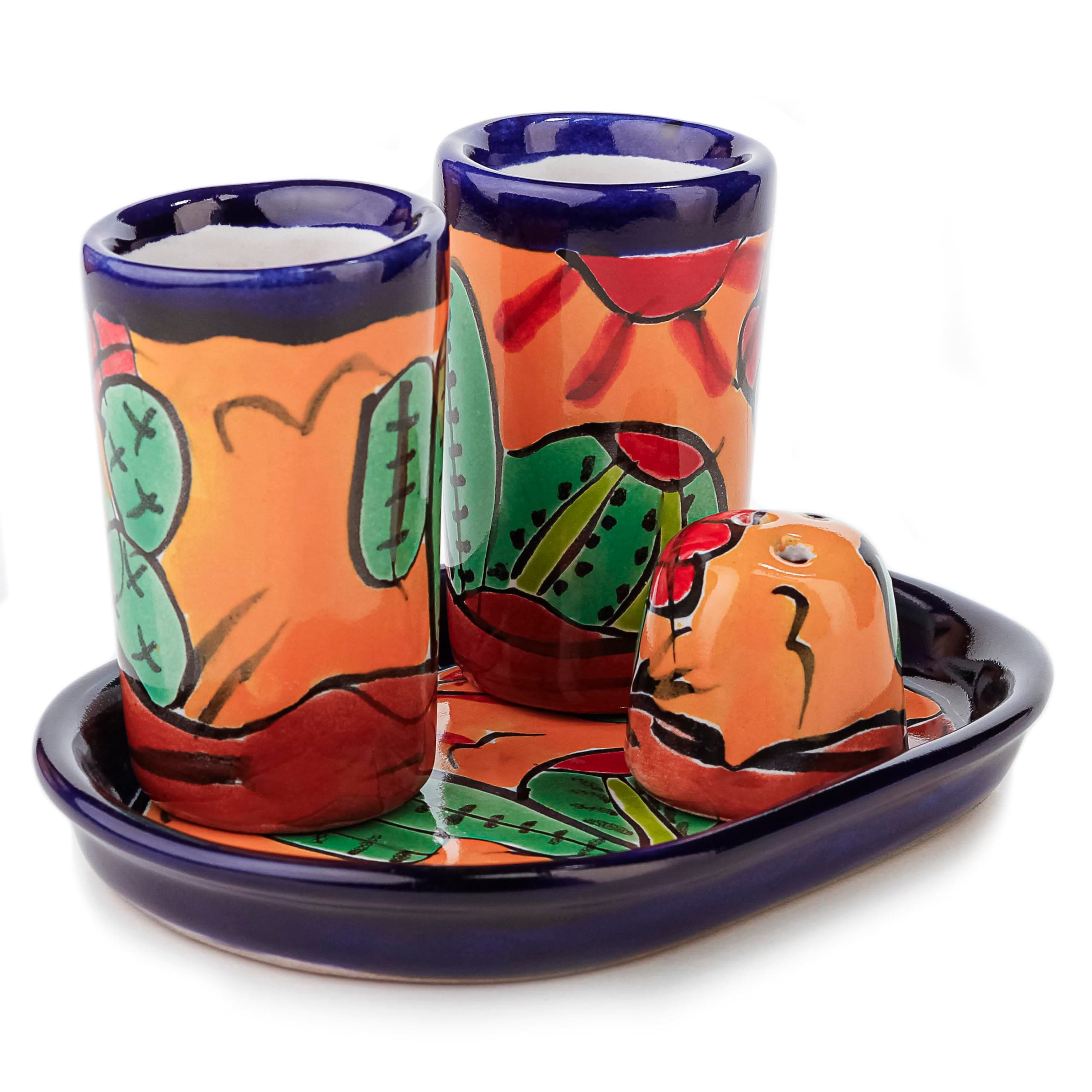 Talavera Cactus Tequila Serving Set | 4-Piece Gift Set with 2 Shot Glasses (Caballitos), Salt Shaker & Lime Tray, Hand-Painted Southwestern Ceramic Pottery, Authentic Hecho en México Barware