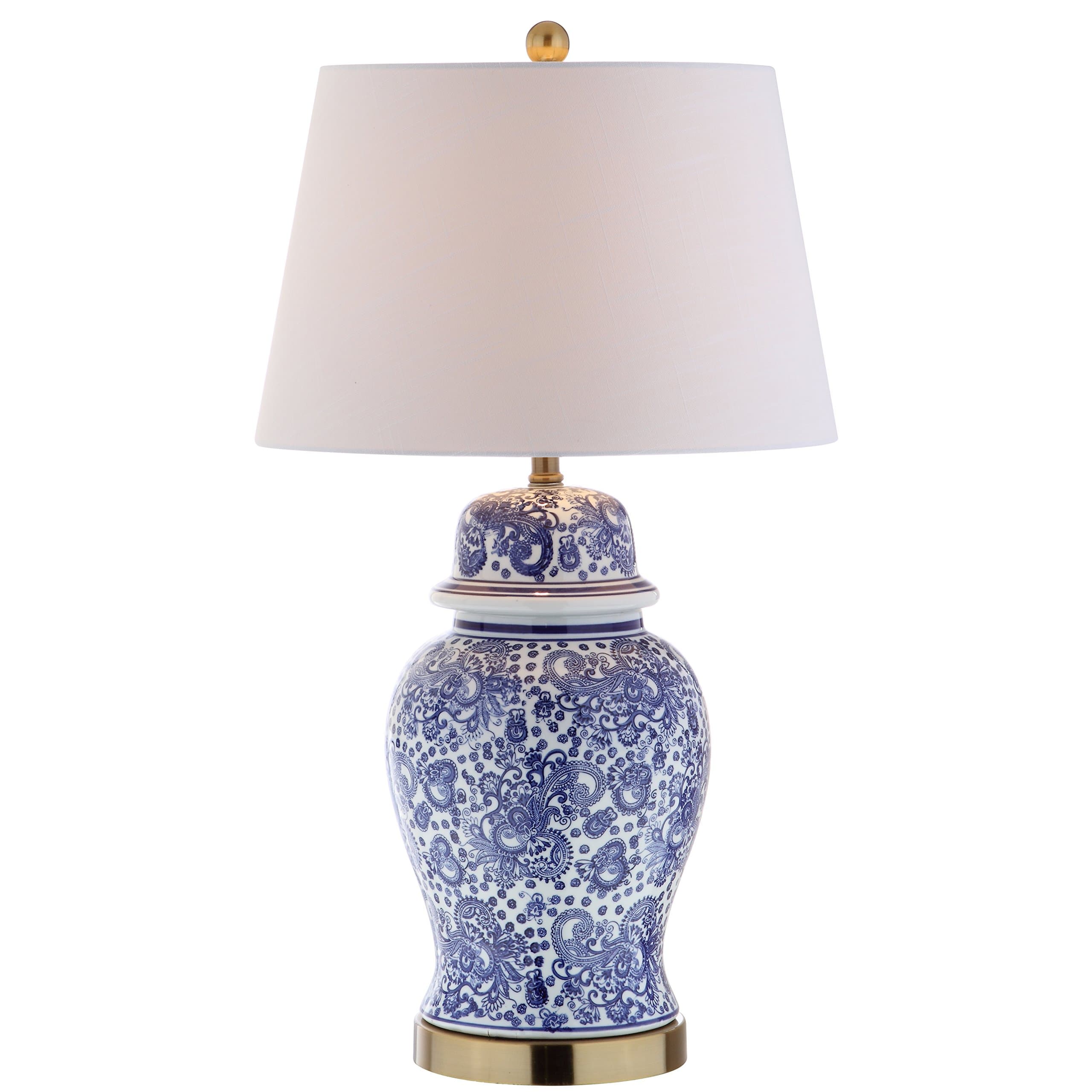 29.5" Blue/White Ceramic Table Lamp for Living Room and Office, White Linen Drum Shade, Traditional Chinoiserie Ginger Jar Lamp, LED Bulb Included JYL3008A