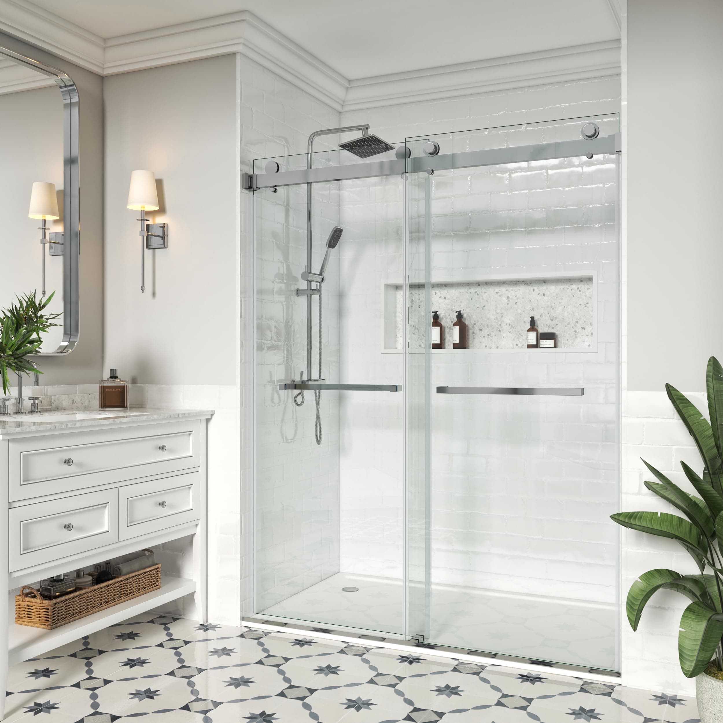 Frameless Shower Door, 56"-61" W x 72" H, Width Adjustable, SGCC Certified 3/8" (10 mm) Clear Tempered Glass, Double Sliding Shower Door, Stainless Steel Chrome Finish DS01