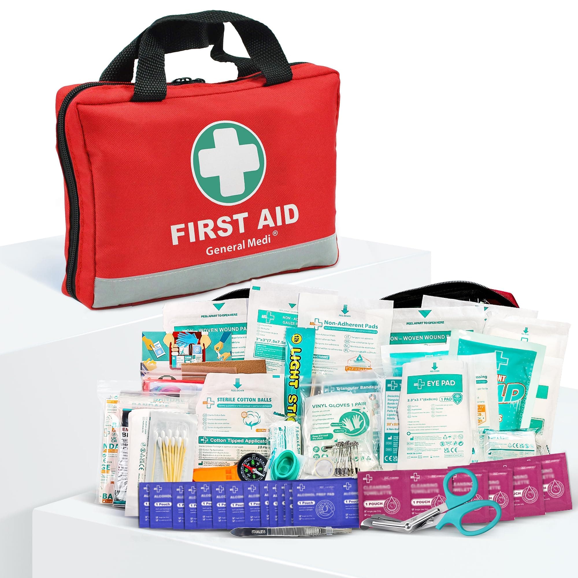 General Medi First Aid Kit -309 Pieces- Reflective Bag Design - Including Bandages, Moleskin Pad and Emergency Blanket for Travel, Home, Office, Car, Camping, Workplace