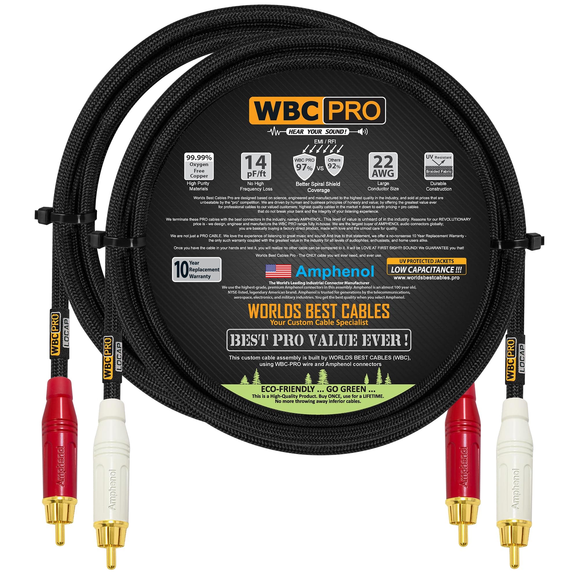 3 Foot RCA Cable Pair - WBC-PRO-LOCAP Lowest-Capacitance (14pF/ft) 22 AWG Ultra-Silent Audiophile & Professional-Grade Audio Interconnect Cable with Amphenol ACPR Gold RCA Plugs & Black Tweed Jacket