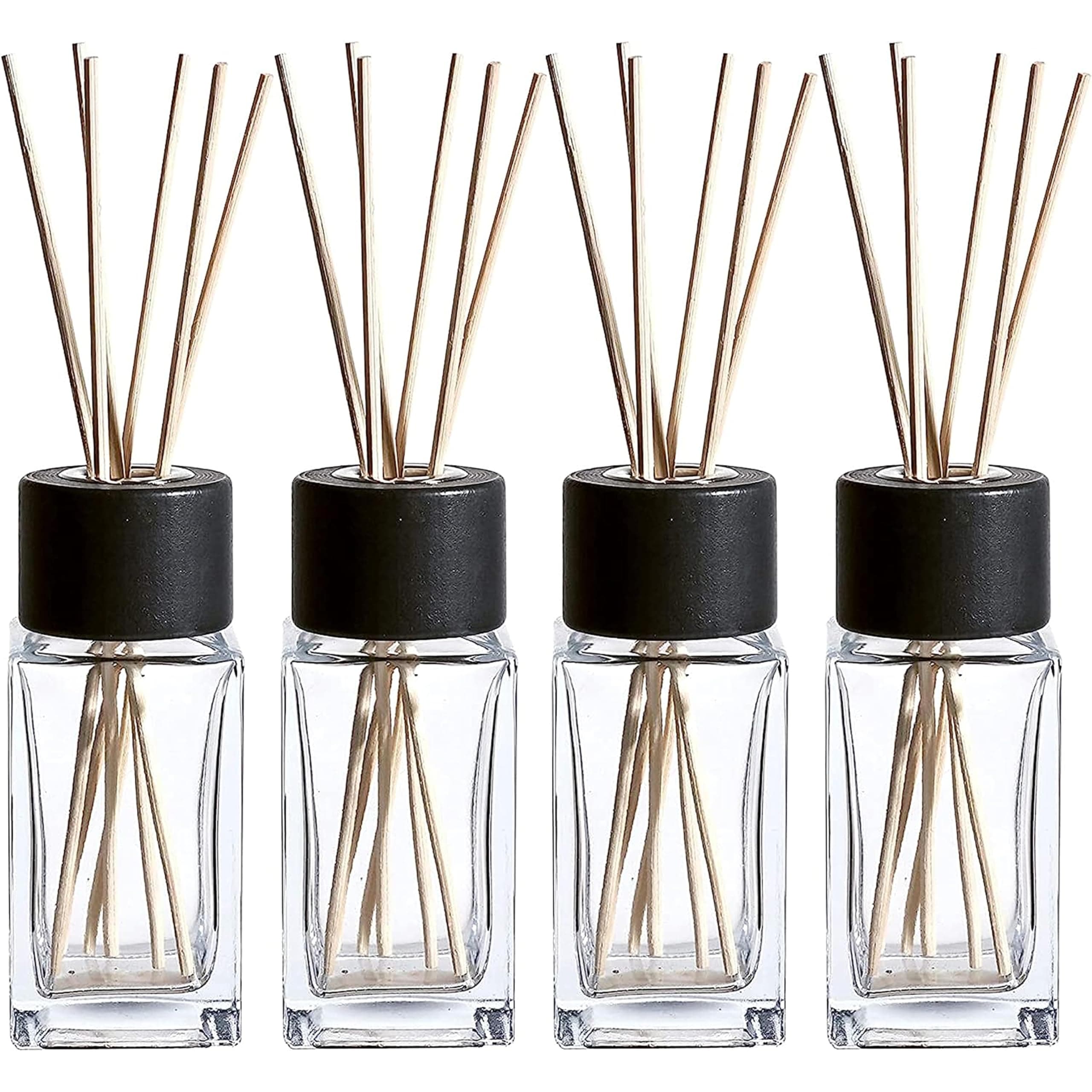 WHOLE HOUSEWARES Natural Diffuser Reeds Bottles Sticks | Clear Glass Home Décor for Kitchen and Living Room | Black Wood Caps | Décorative Fragrance Set with Long Lasting Aroma - Set of 4