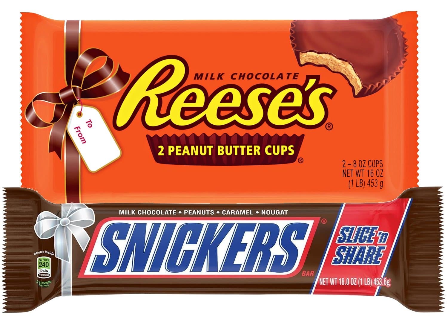 Bundle of 1 Pound Reese's 2 Peanut Butter Cups and 1 Pound Snickers Slice 'n Share Chocolate Assortments (2 lbs) of Milk Chocolate, peanuts, caramel and nougat