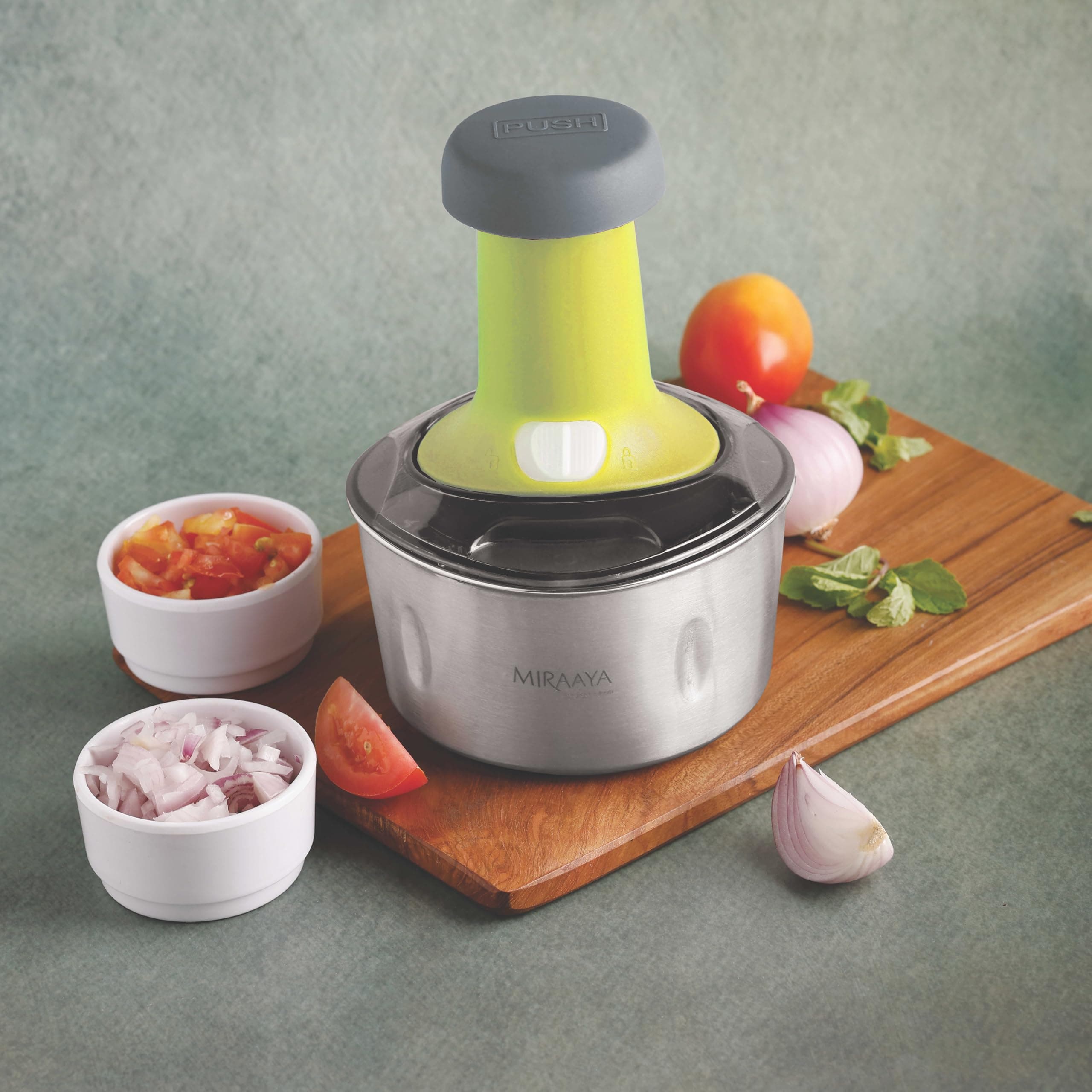 Hand Press Push Chopper with 3 Blades for Effortless Chopping Vegetable & Fruits, with BIS Certified, Jindal Seal & Made in India 600ml (Push Chopper 600ml, Green)