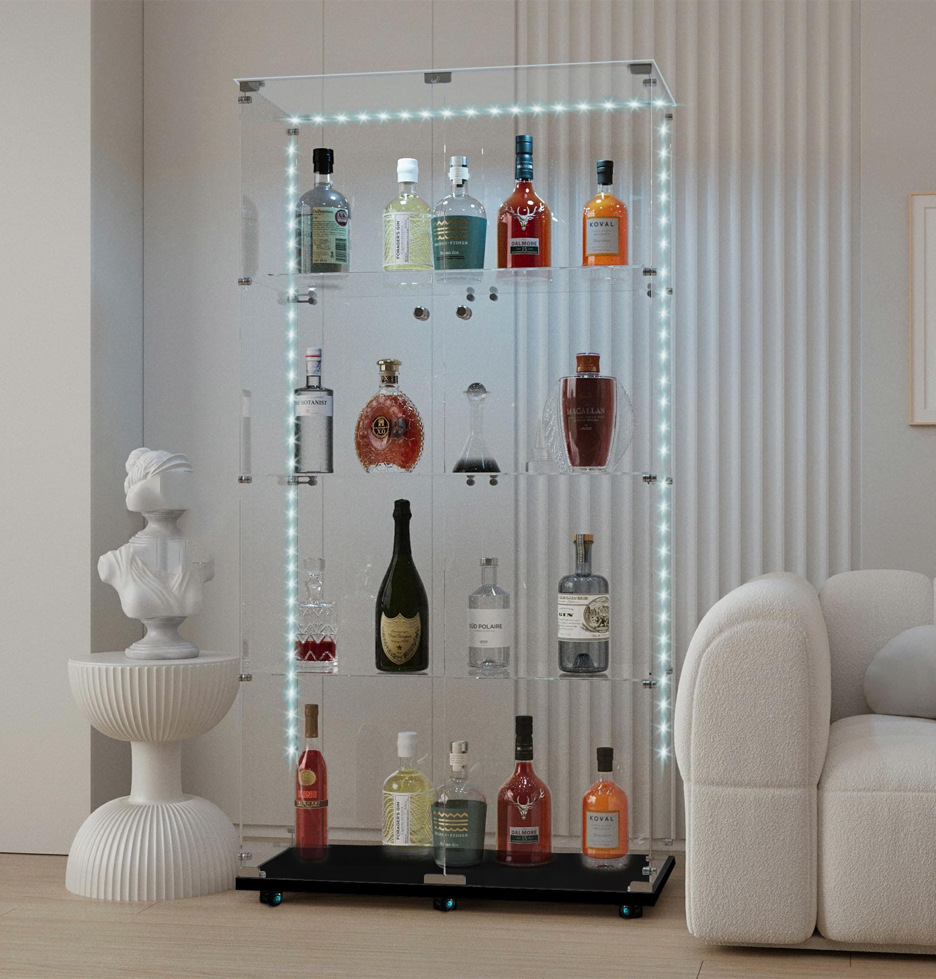 Modern Glass Display Cabinet 4-Shelf with LED Light, Lock and Wheels, 2 Door Curio Cabinets, Tempered Glass Collection Display Showcase for Living Room Home Office,30.9x13.5x65 H,Black