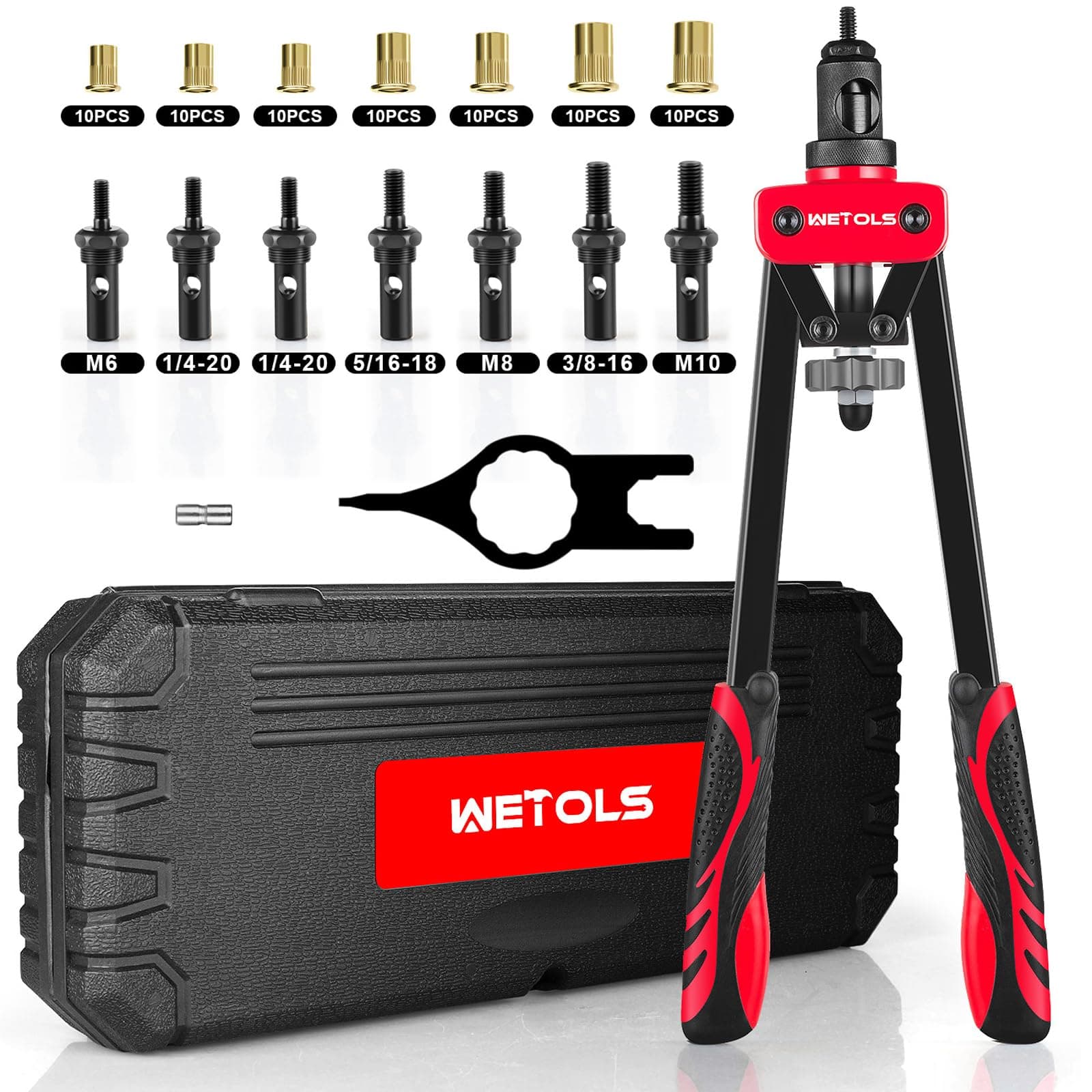WETOLS Rivet Nut Tool Kit, 14-Inch Rivnut Tool with 7 Metric and SAE Mandrels, Professional Hand Riveter with 70Pcs Rivnuts Assortment Kit, Manual Rivet Nut Gun with Rugged BMC Case