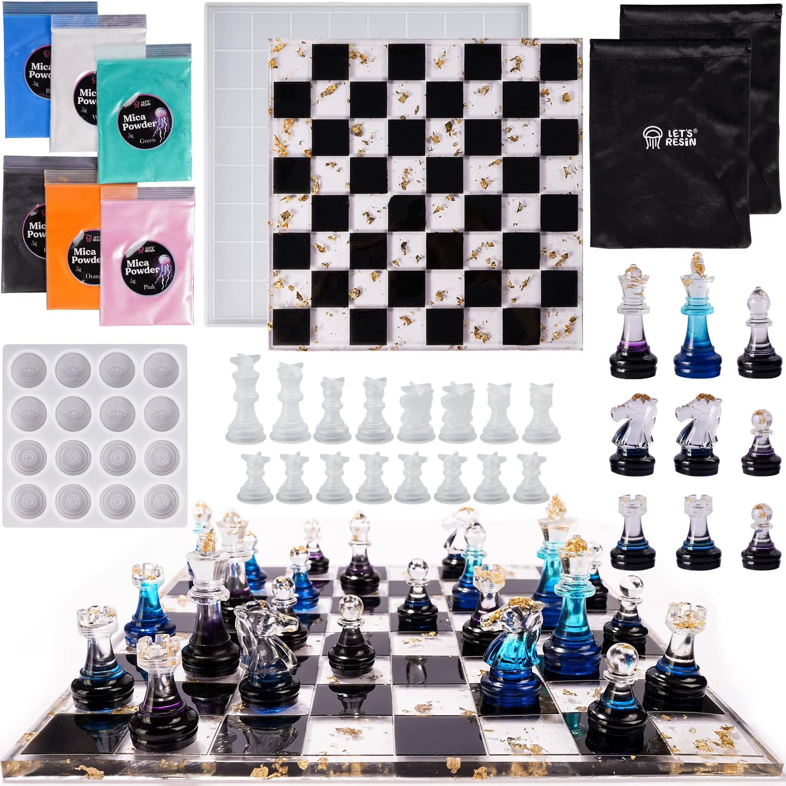 Upgraded Chess Set Mold for Resin Casting - 16 Piece 3D Full Size Chess and Checkers Board Epoxy Silicone Molds, DIY Board Game, Christmas Gifts
