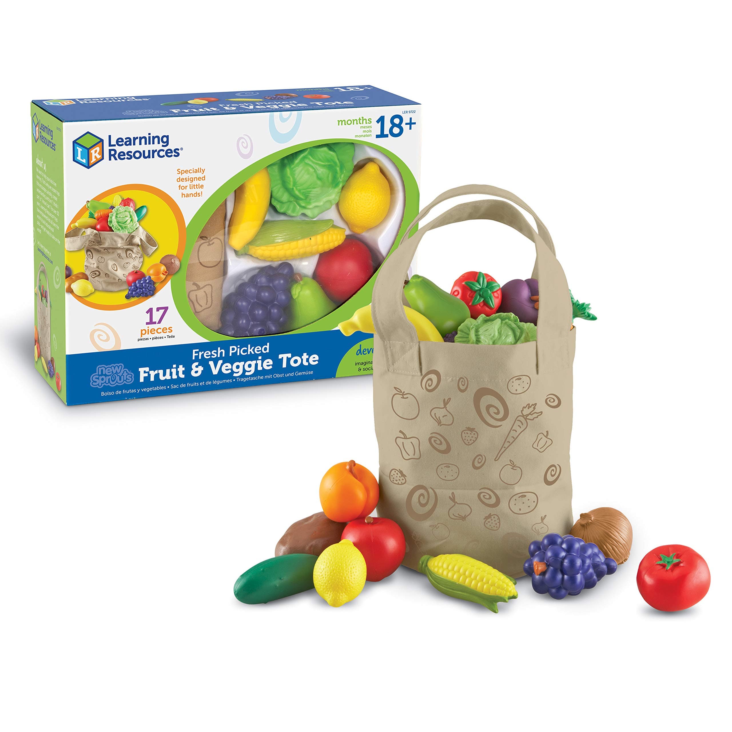Learning Resources Fresh Picked Fruit & Veggie Tote, Pretend Play Food Set, 17 Piece, Ages 18+ months, Multicolor, LER9722, Fresh Picked Fruit And Veggie Tote, 17 Pieces, 8 L x 9 W in