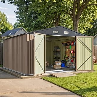Patiowell 10 x 12 FT Metal Storage Shed for Outdoor with Floor Frame, Steel Yard Shed with Design of Lockable Doors, Utility and Tool Storage for Garden, Backyard, Patio, Outside use,Brown