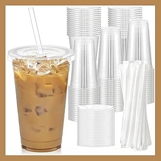 Plastic Clear Cups 20 oz with Lids and Straws 25 Set Disposable Cold Beverage Drinking Iced Coffee Water Juice Tea Party Travel Cafe Restaurant School Office Home Kitchen (25 Set, 20 oz)
