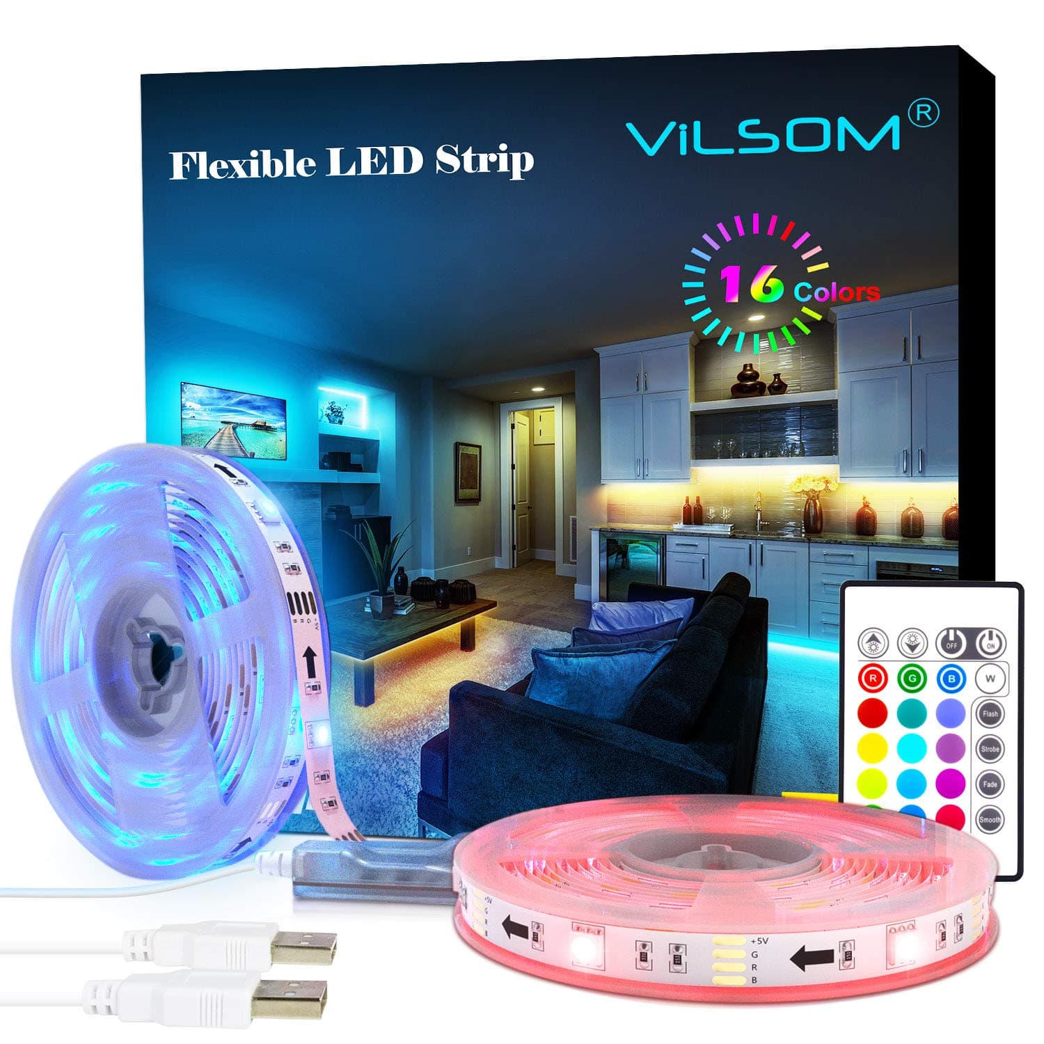 ViLSOM LED Strip Lights, 20ft USB LED Light Strip Kit with Remote Control, RGB 5050 Color Changing LED Lights for TV Backlight, Bedroom, Room, Home Decor, 2 Rolls 10ft