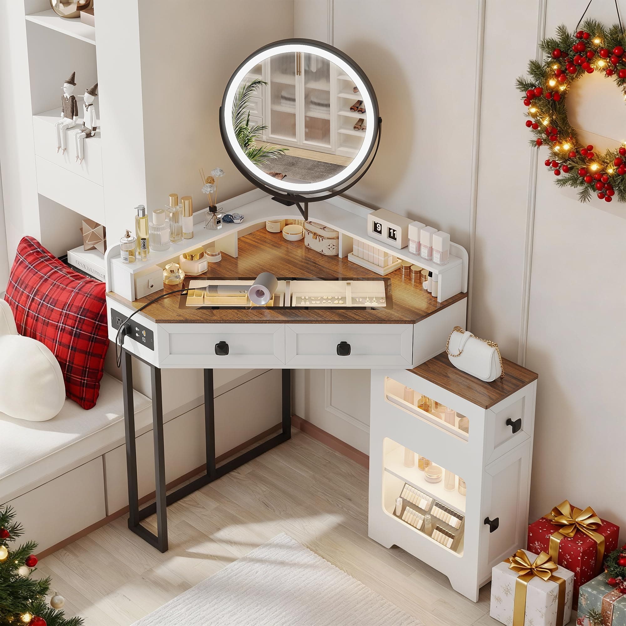 FREDEES Corner Vanity with Mirror and Lights,Modern Makeup Vanity Set with Charging Station for Bedroom/Cloakroom,Glass Top Vanity Table with Drawers and Shelves,White