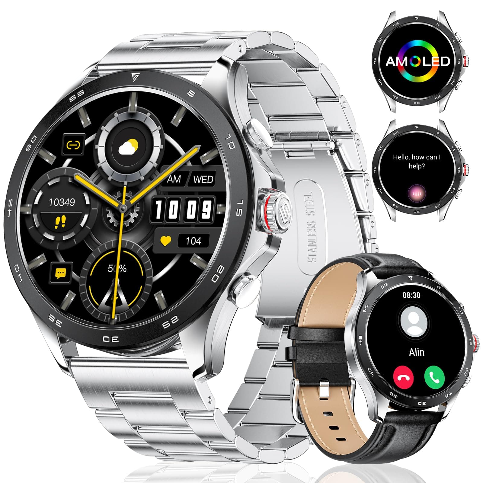 LIGE Smart Watch for Men 1.43'' AMOLED with 3 Straps and Answer/Make Call,Fitness Watch 100+ Sports Modes,Heart Rate Sleep Monitor Smartwatch for Android iOS Phones (silver+black)