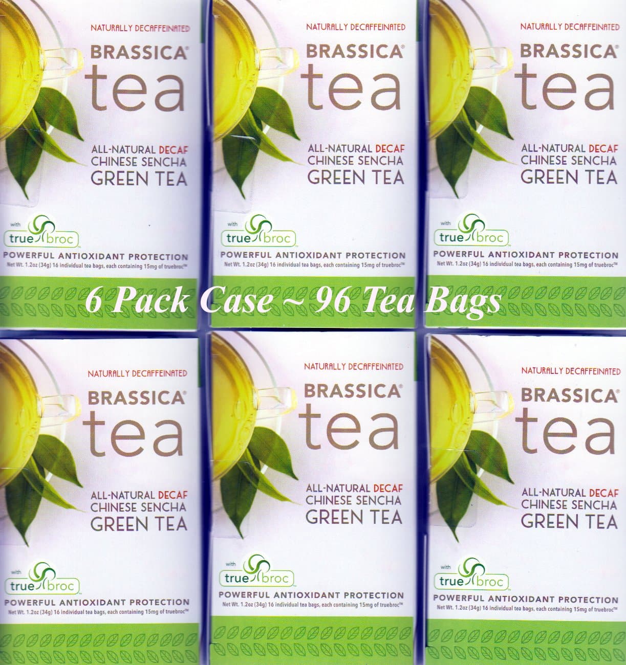 Decaf Sencha Green Tea with Truebroc, 6 boxes (96 Total Tea Bags)
