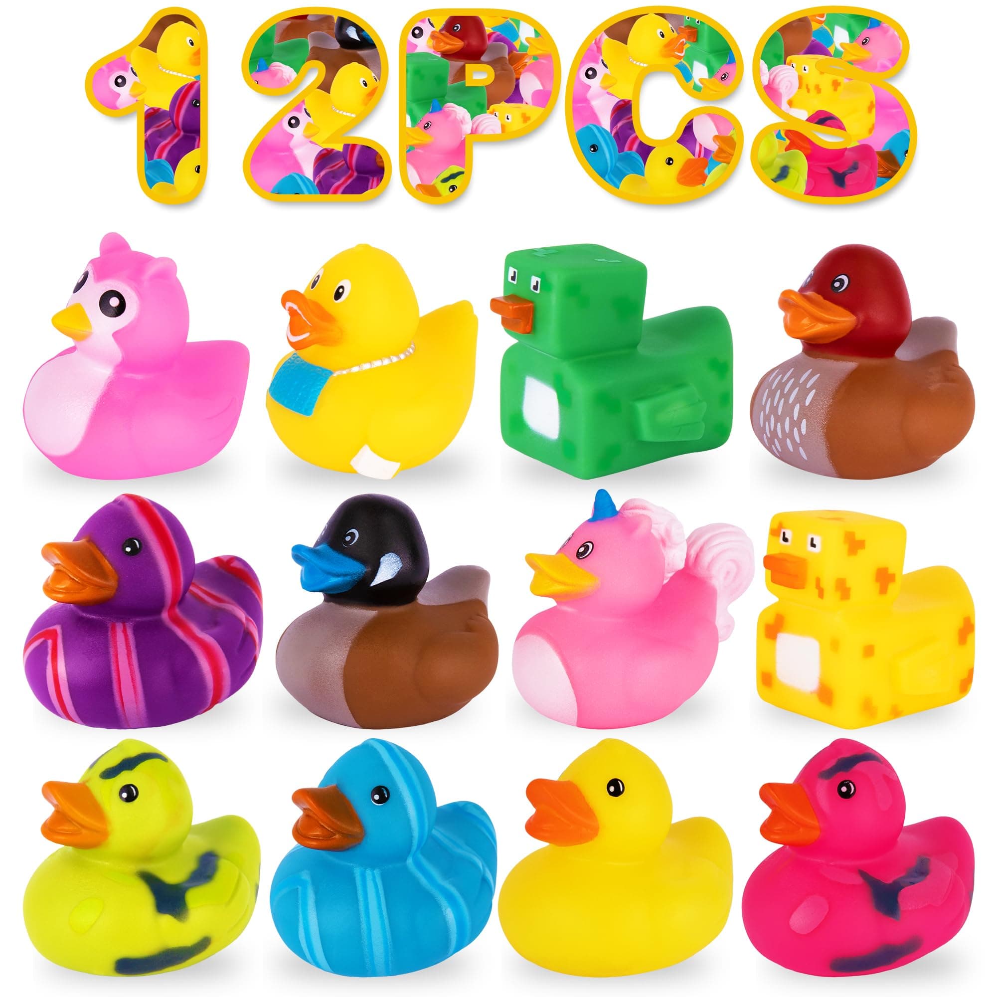 Jeep Ducks - 12 Rubber Ducks for Jeep Ducking, Fun Rubber Duckies in Bulk for Jeeps, Bathtub Toys, Carnival Prizes & Birthday Party Favors for Kids, 17 Unique Designs