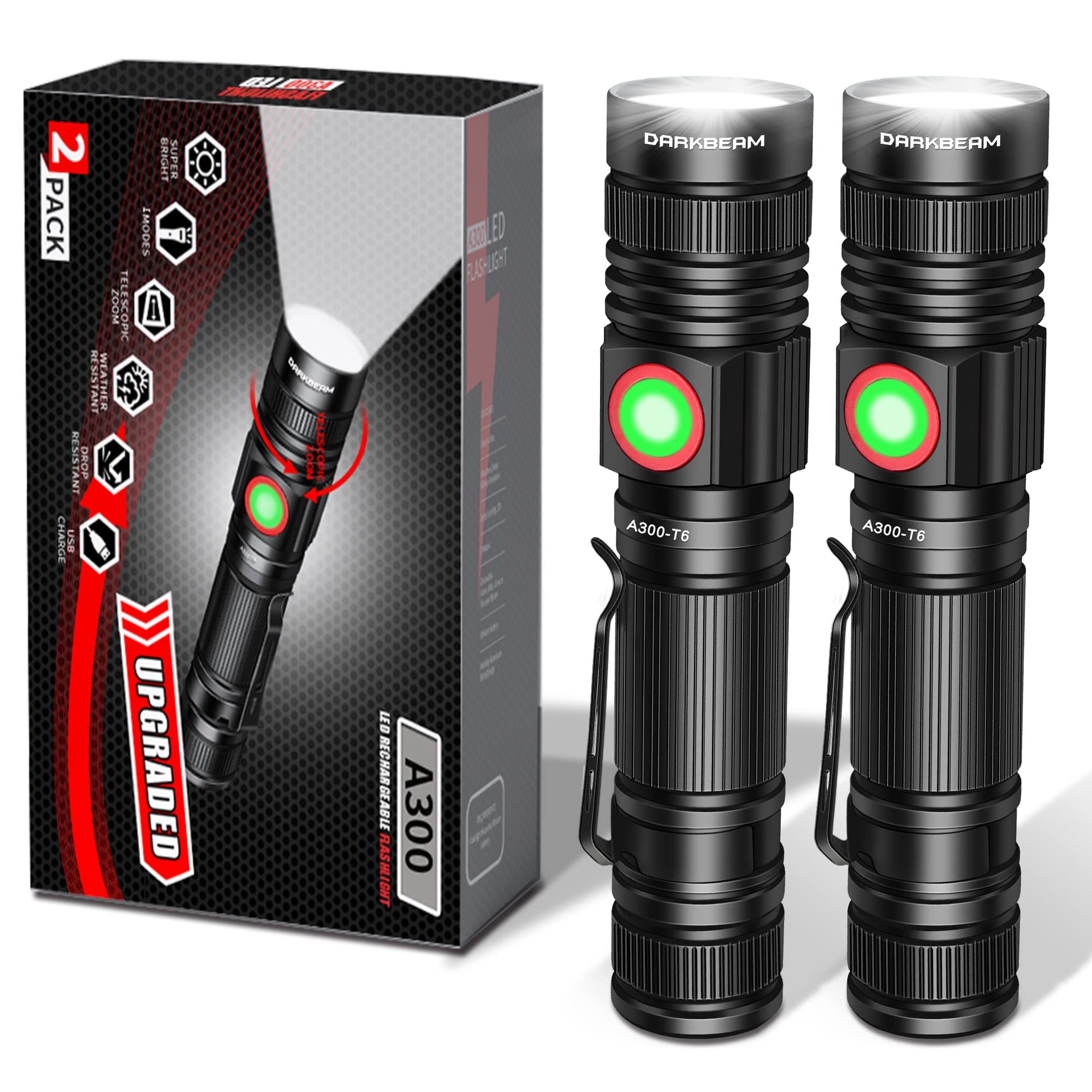 DARKBEAM LED Flashlights Rechargeable USB 2000 High Lumens, Small and Bright Pocket Flashlight, Zoomable Water Resistant Handheld Flash Light for Camping, Outdoor, Emergency with Battery, 2 Pack