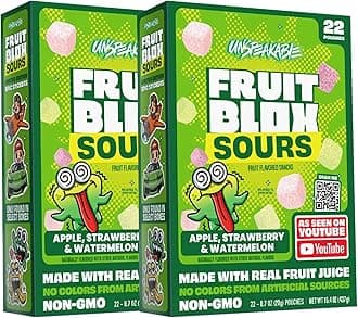 Fruit Blox Sours Blue Raspberry & Cherry Fruit Snacks, 2 Boxes of 22 Pouches, Non-GMO, Made with Real Fruit Juice (Apple, Strawberry & Watermelon)
