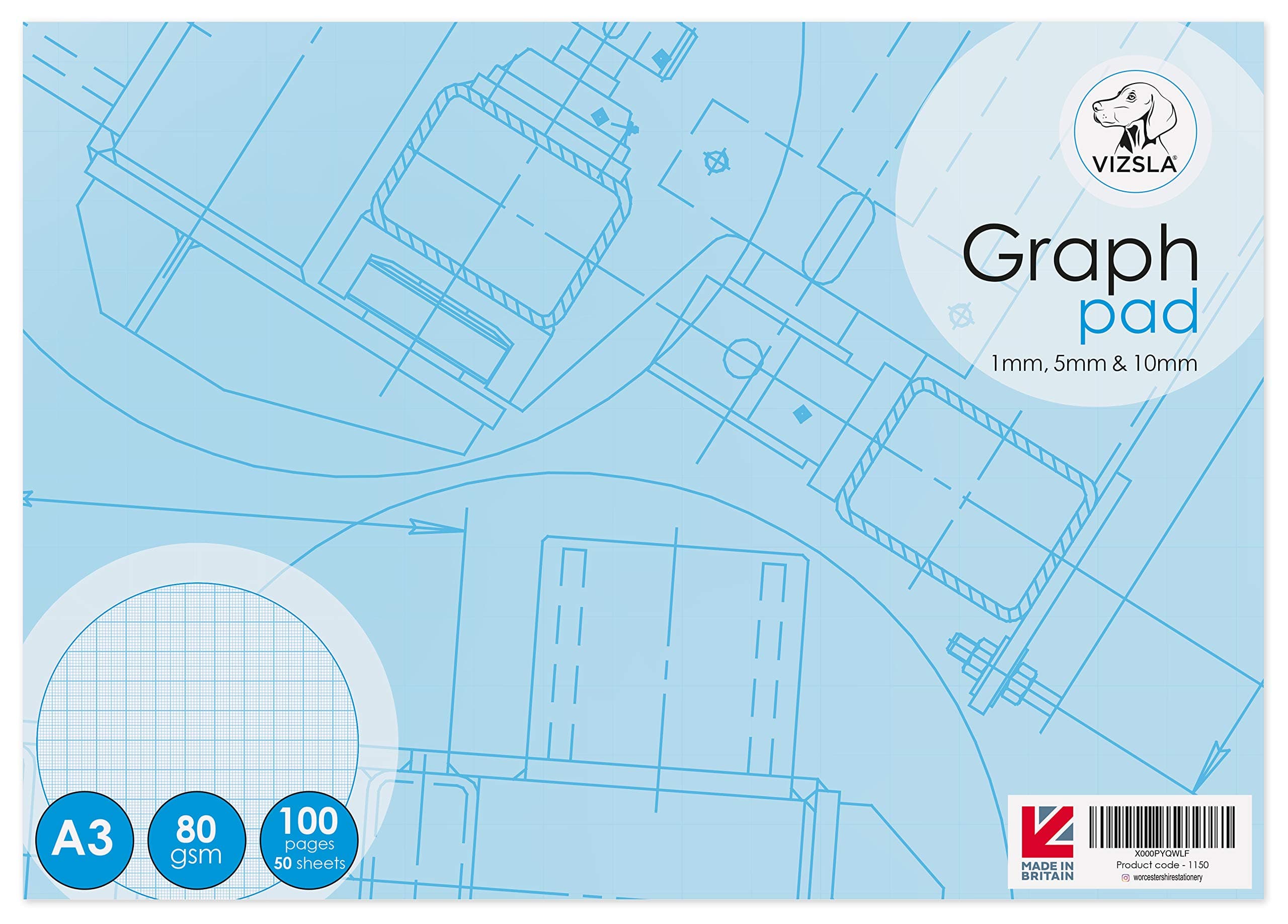 Vizsla, A3 Graph pad, 50 Sheets (100 Pages) 1mm, 5mm, 10mm Graph Paper
