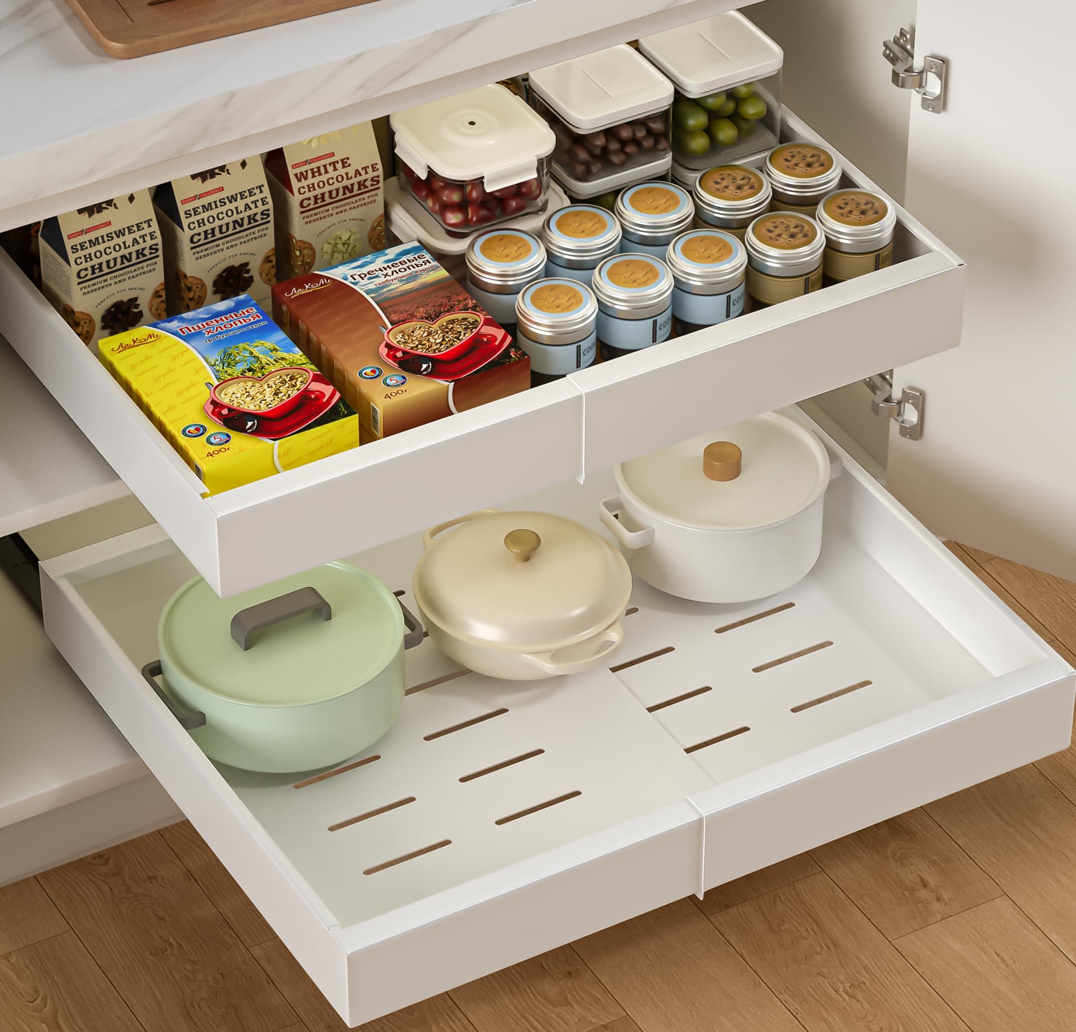 2 Pack Expandable Pull Out Cabinet Organizer 16.5"Deep with Raising Pad for Framed Cabinets,Upgrade 3 Slide Rails Slide Out Drawers,Roll Out Shelves Adhesive,Adjustable Width 12.2"-20.4"White