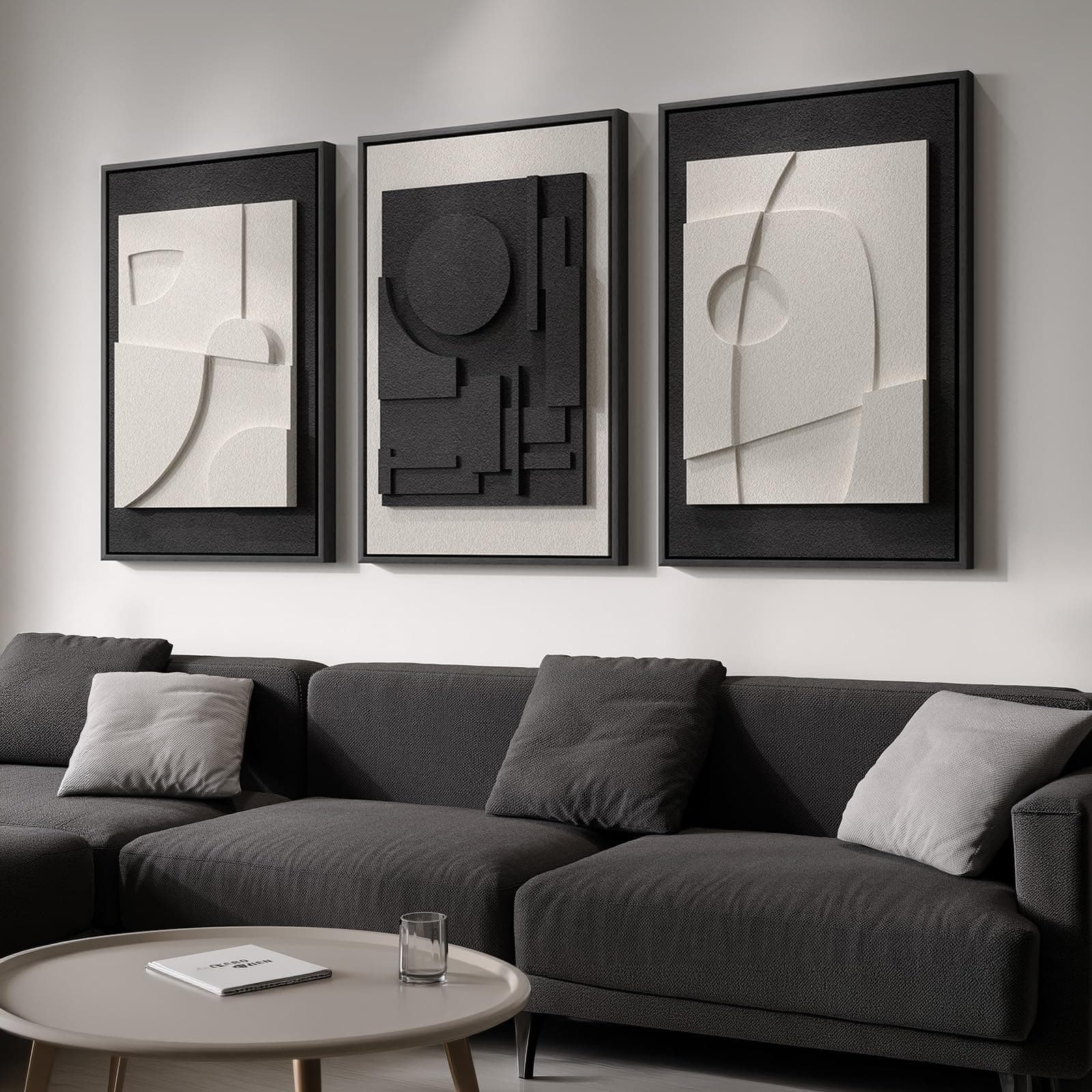 Large 3D Textured Framed Black and White Abstract Wall Art for Living Room, 3 Piece Modern Artwork for Walls, Black White Minimalist Geometric Paintings for Hallway Office Wall Decor 24x36 In
