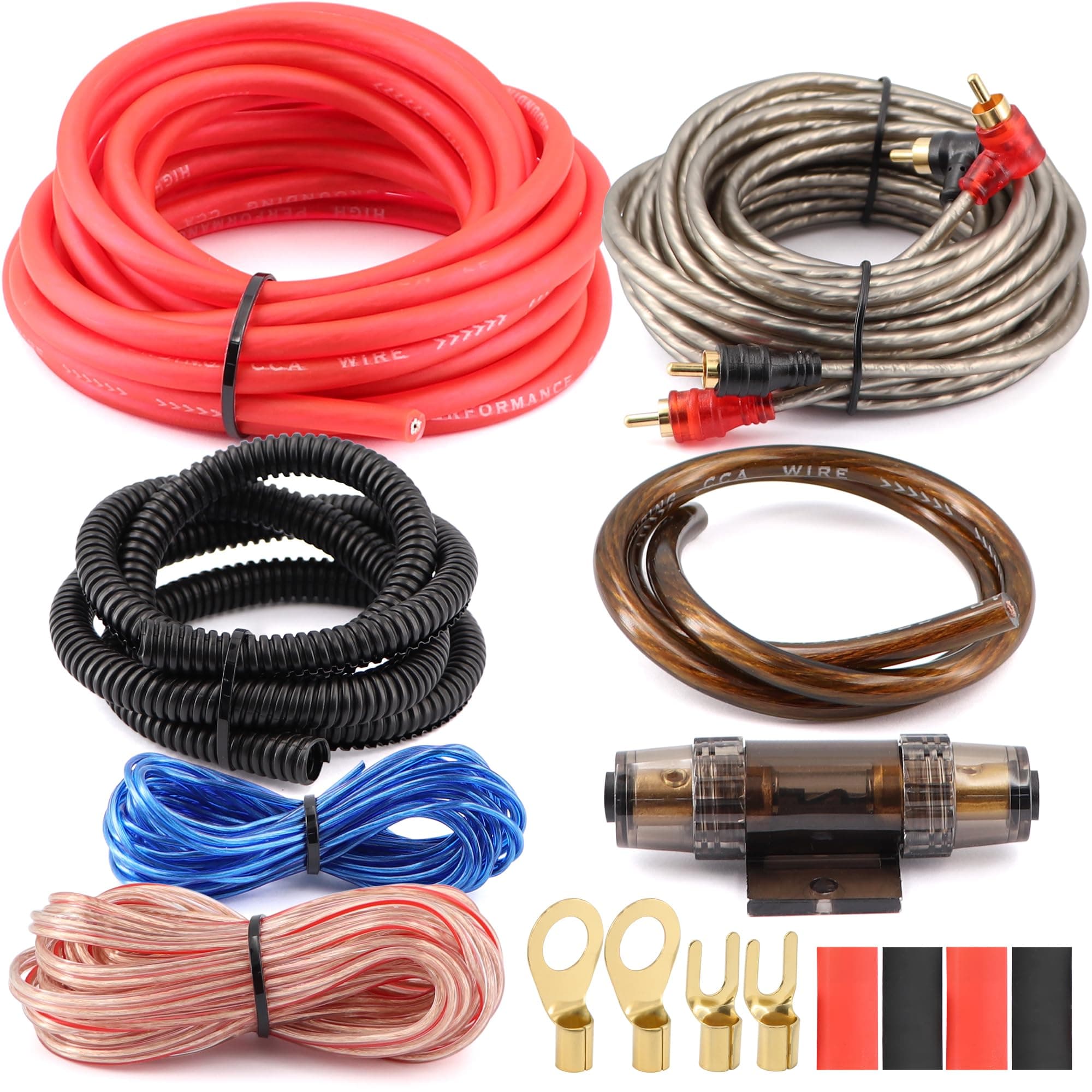 8 Gauge 800W High-Performance Complete Amplifier Wiring Kit - with 60A AGU Fuse Holder, 17Ft Power/Ground Wire, Blue RCA & Speaker Cables | for Professional Car Audio Safe Installation